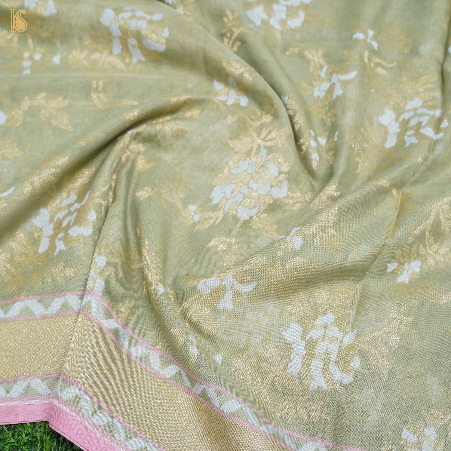 Juniper Green Handloom Pure Cotton Banarasi Jamdani Ektara Suit Fabric Set - Khinkhwab