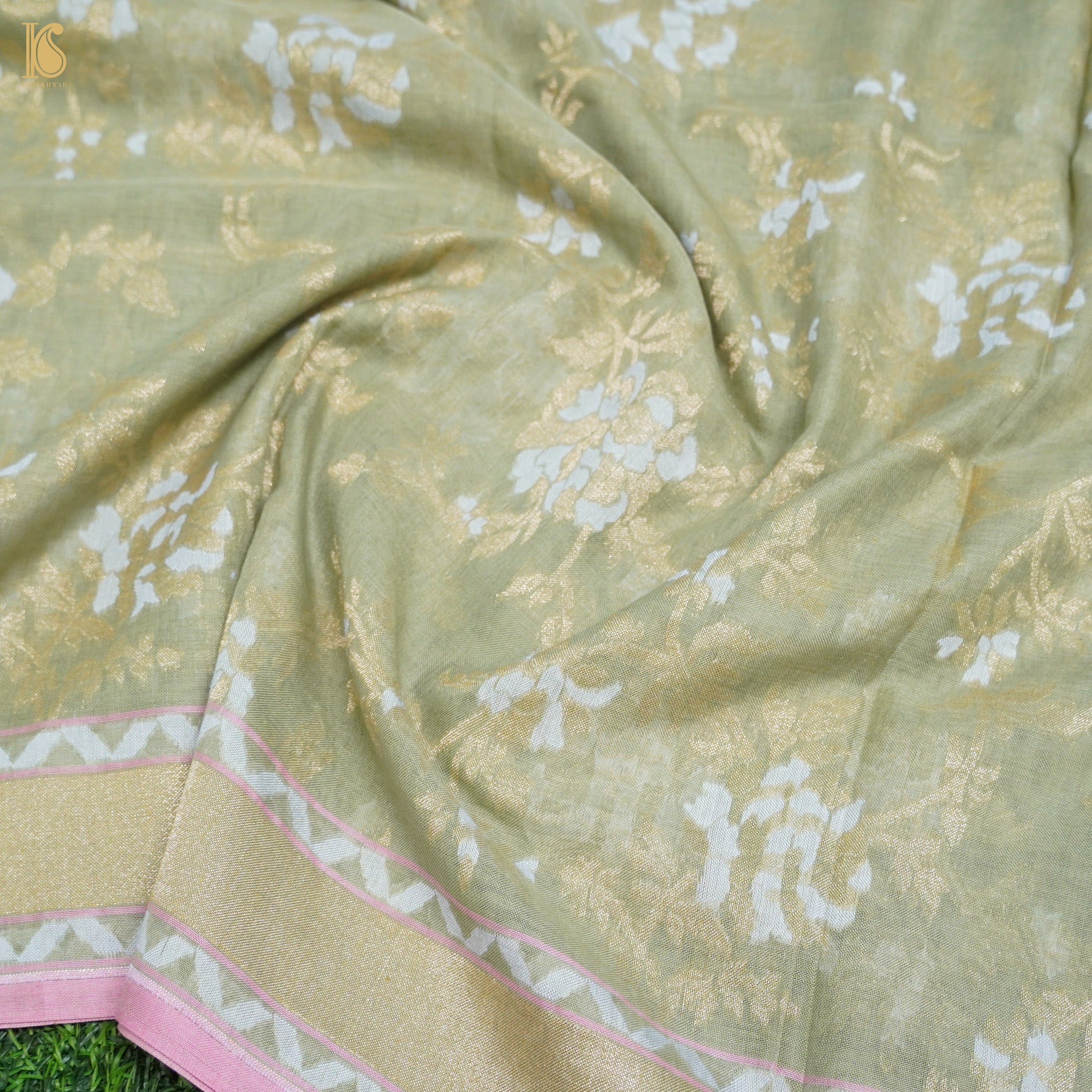 Juniper Green Handloom Pure Cotton Banarasi Jamdani Ektara Suit Fabric Set - Khinkhwab