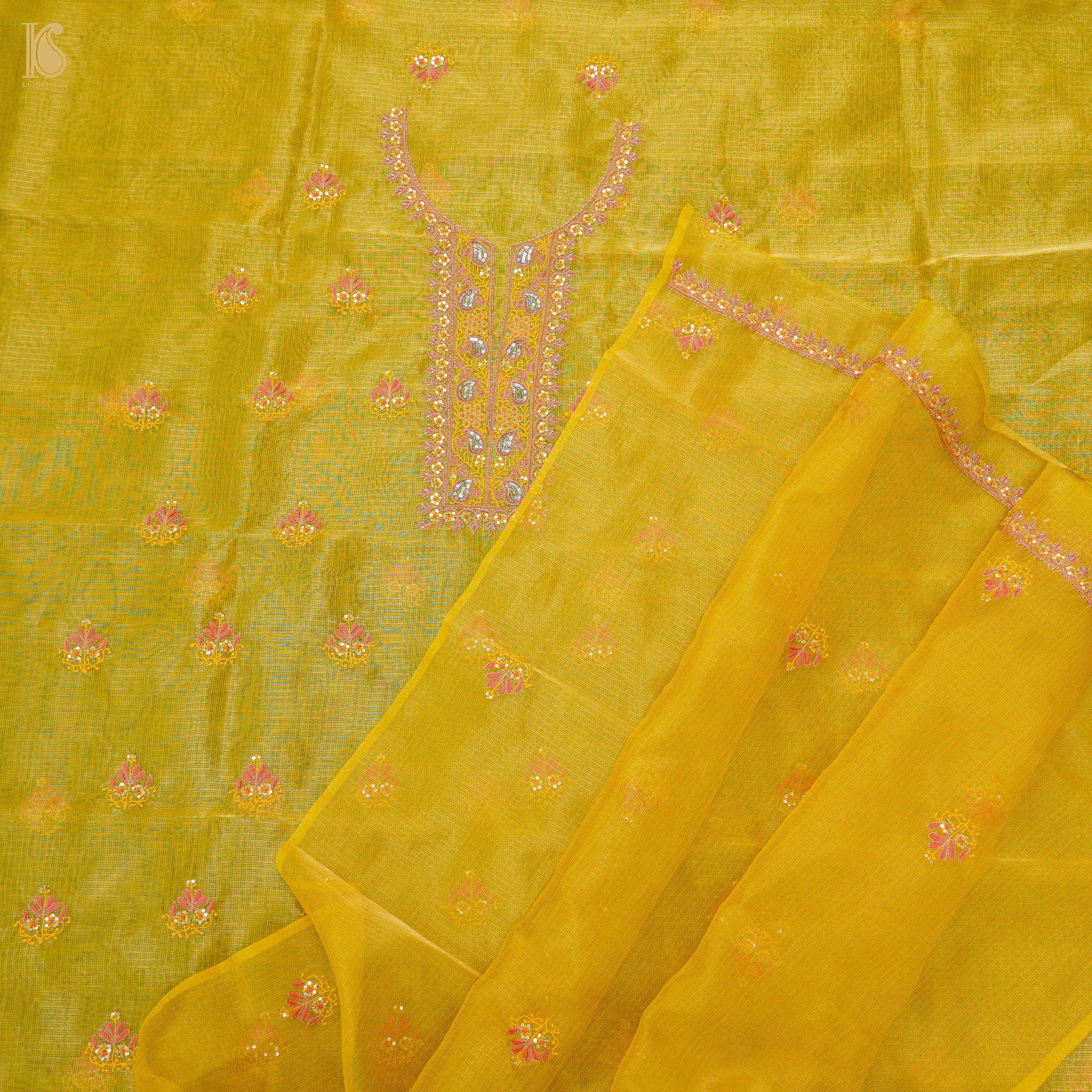 Galliano Yellow Chikankari Pure Handloom Kota Silk Silk Suit Set - Khinkhwab