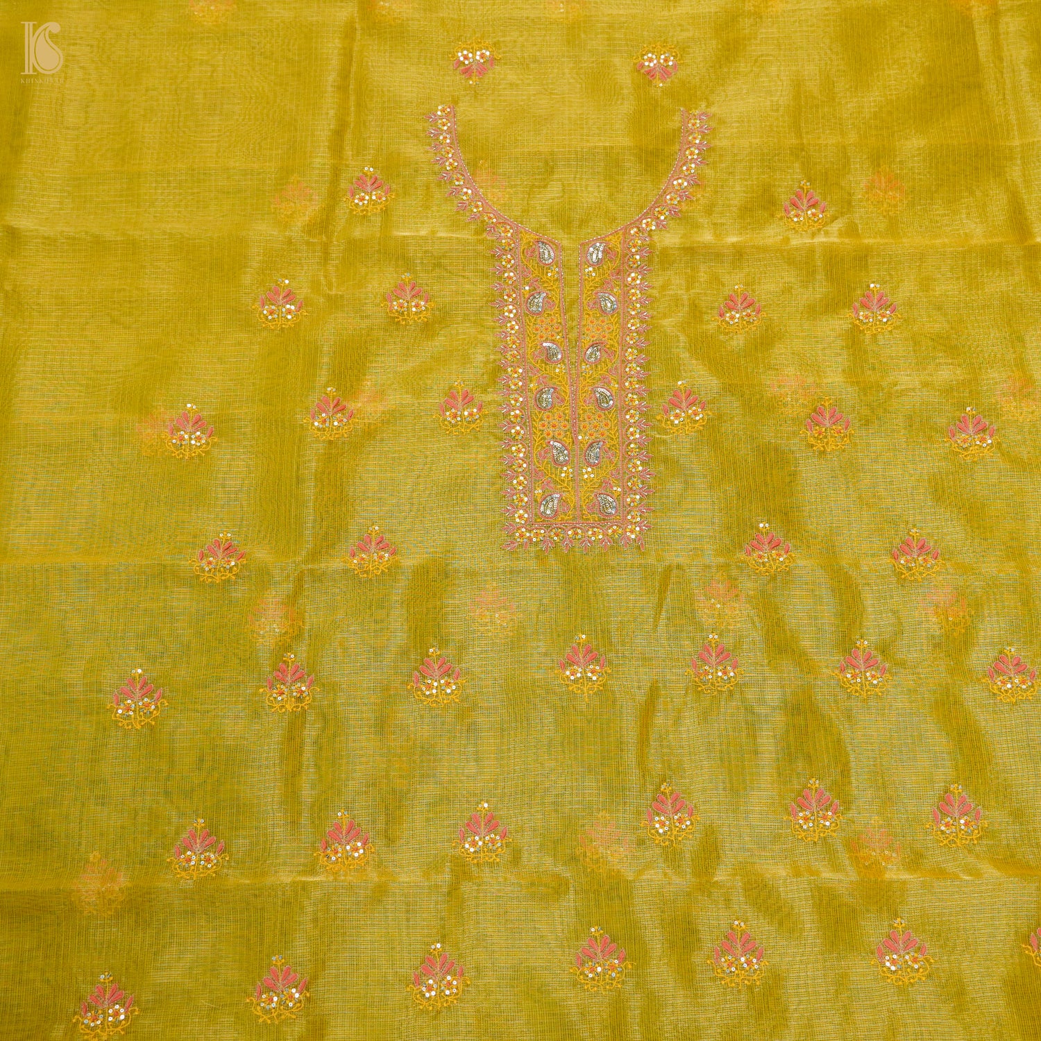 Galliano Yellow Chikankari Pure Handloom Kota Silk Silk Suit Set - Khinkhwab
