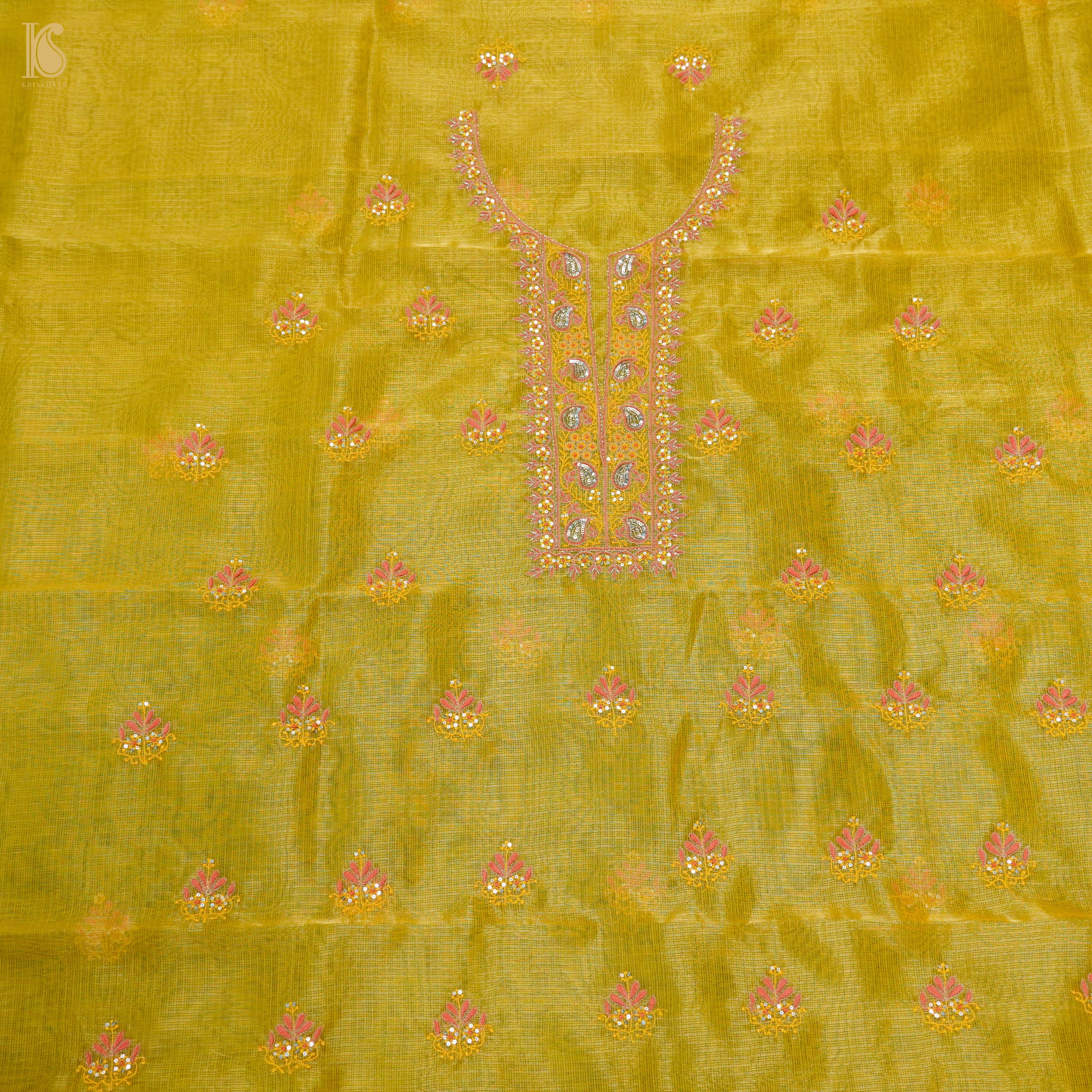 Galliano Yellow Chikankari Pure Handloom Kota Silk Silk Suit Set - Khinkhwab