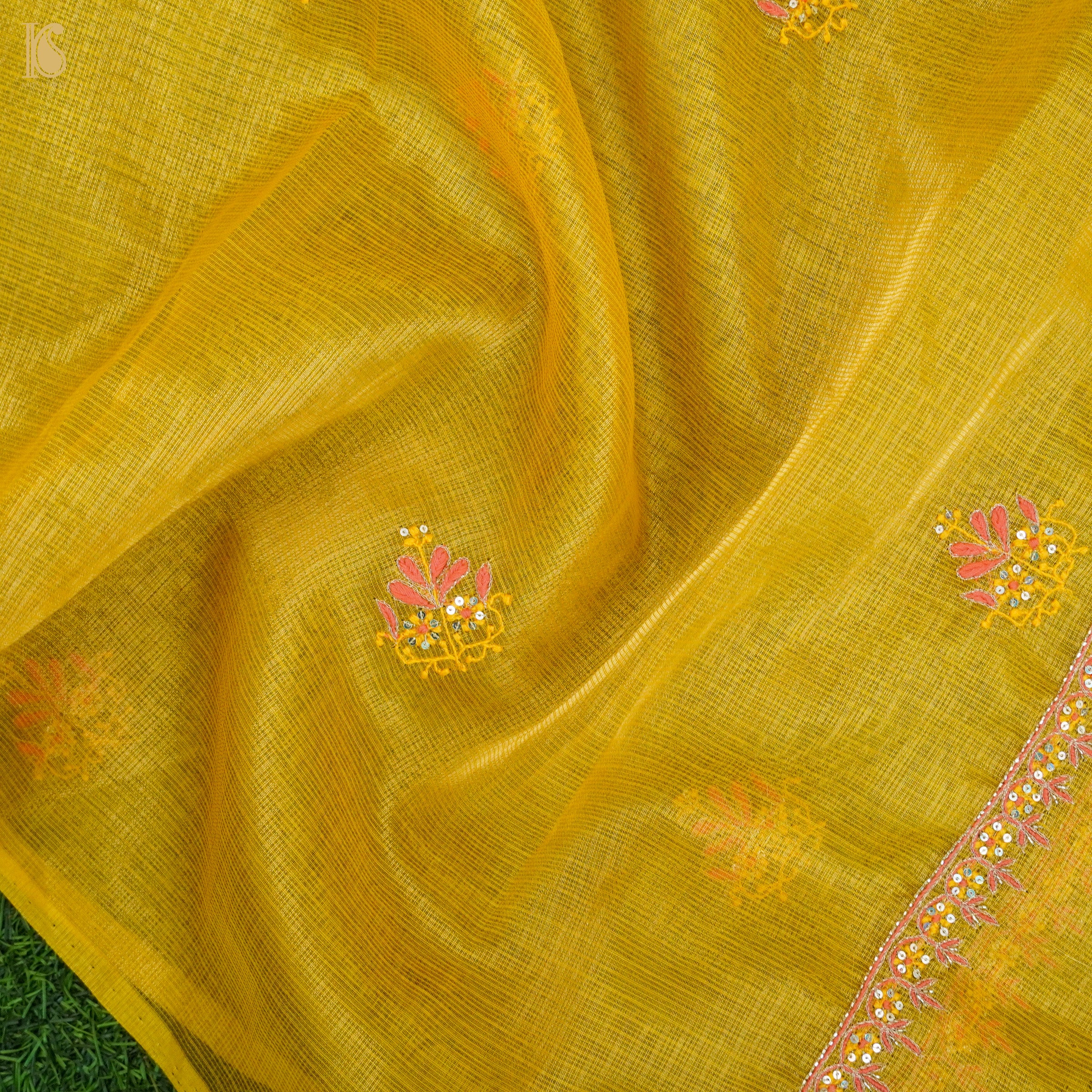 Galliano Yellow Chikankari Pure Handloom Kota Silk Silk Suit Set - Khinkhwab