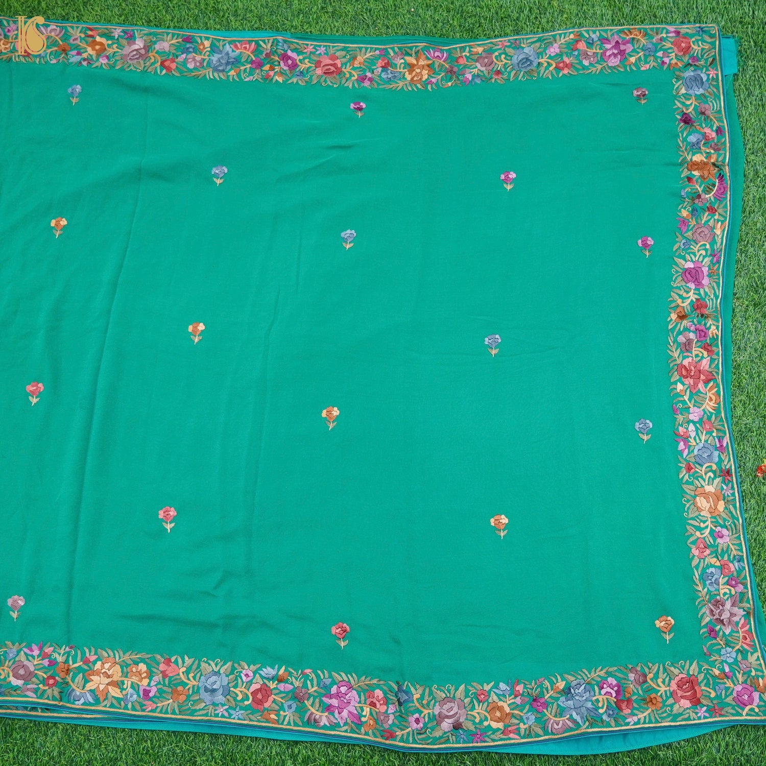 Persian Green Handcrafted Parsi Gara Pure Georgette Saree - Khinkhwab