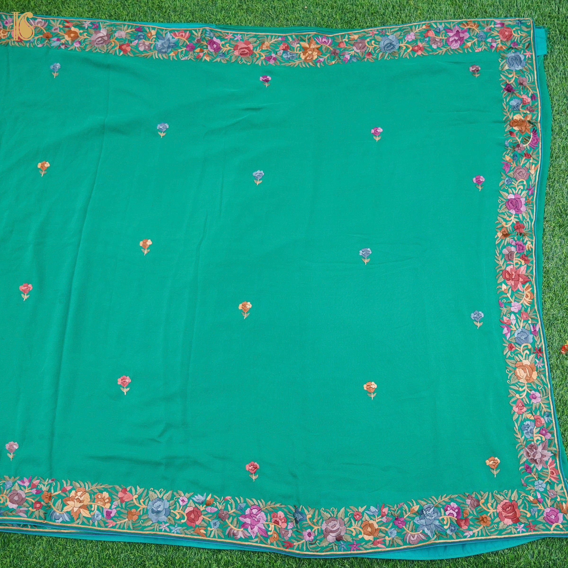 Persian Green Handcrafted Parsi Gara Pure Georgette Saree - Khinkhwab