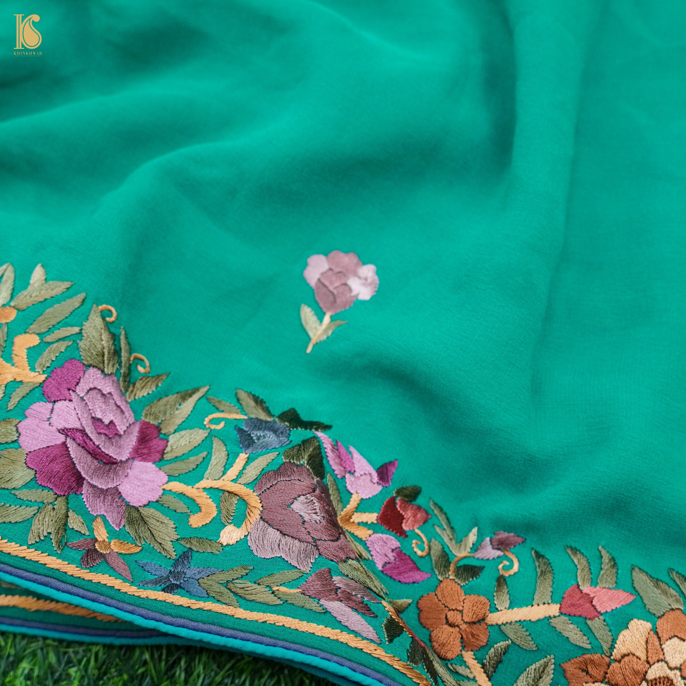 Persian Green Handcrafted Parsi Gara Pure Georgette Saree - Khinkhwab