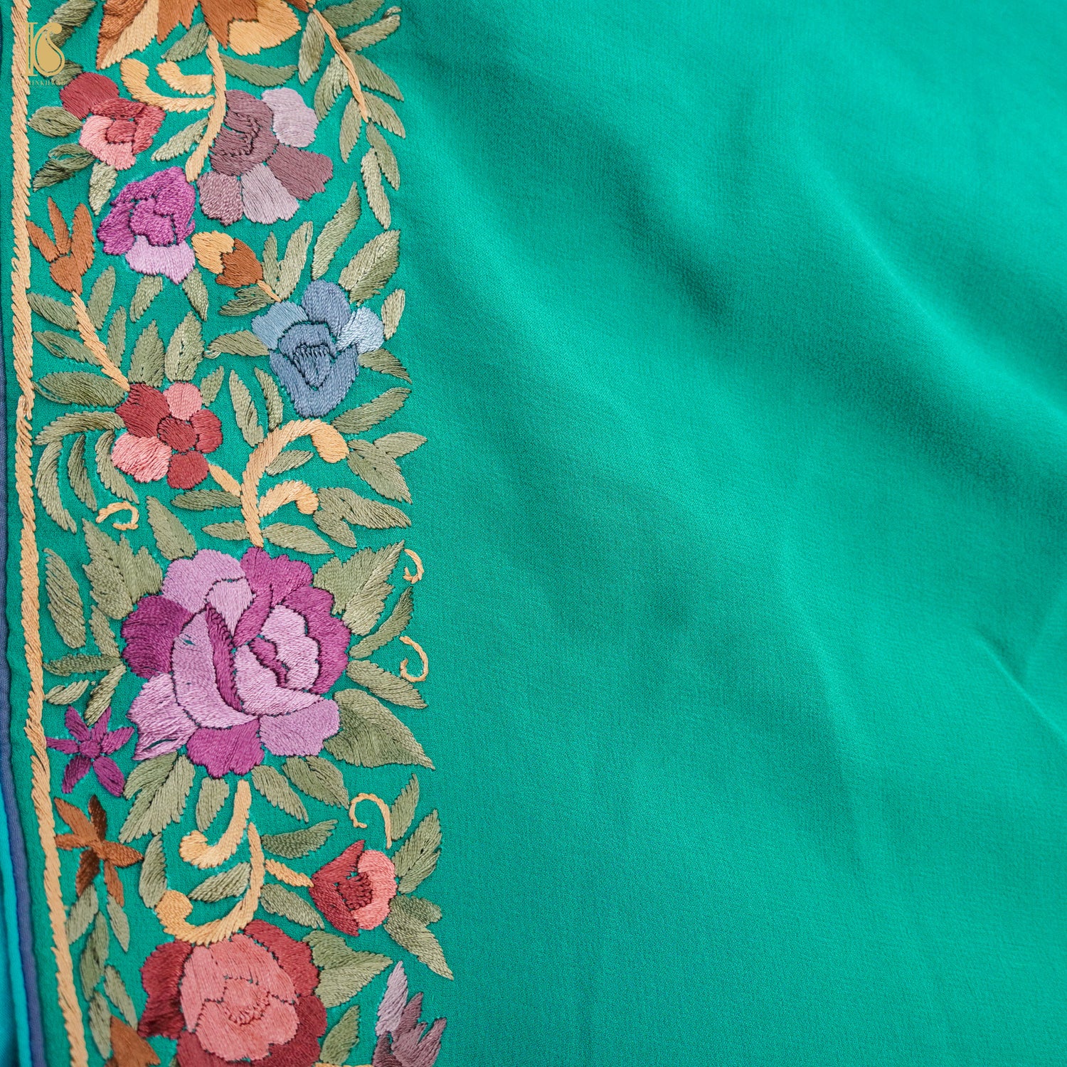 Persian Green Handcrafted Parsi Gara Pure Georgette Saree - Khinkhwab
