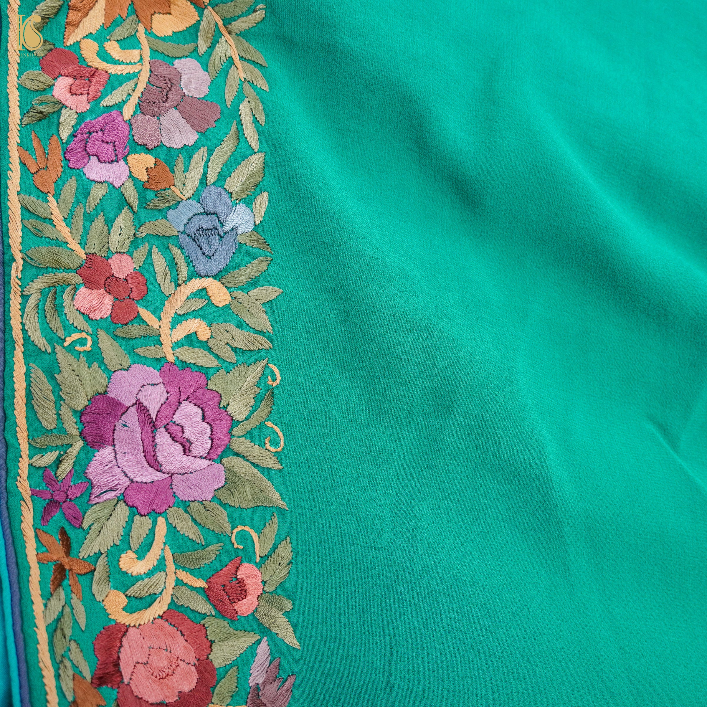 Persian Green Handcrafted Parsi Gara Pure Georgette Saree - Khinkhwab