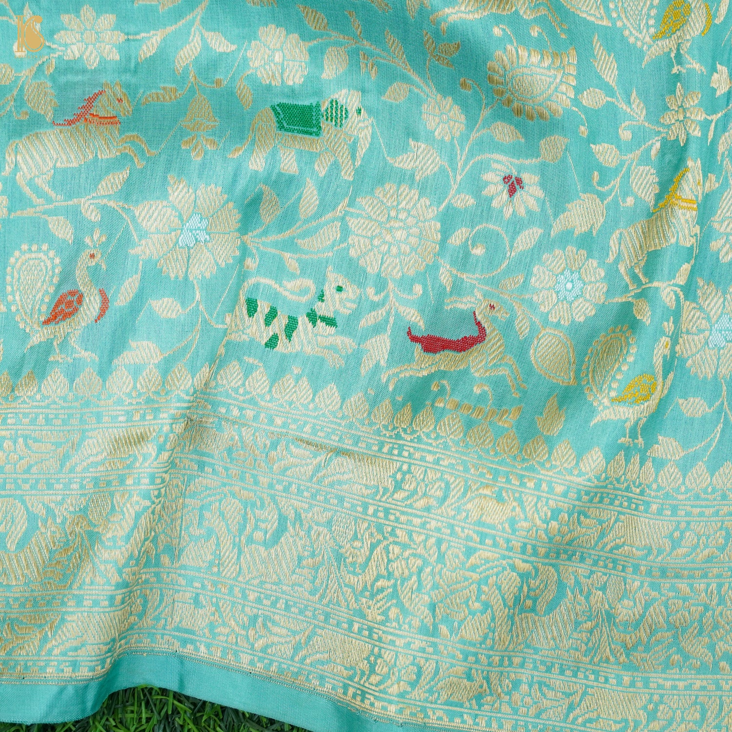 Downy Green Handloom Pure Katan Silk Pink Banarasi Bird Suit & Dupatta Set - Khinkhwab
