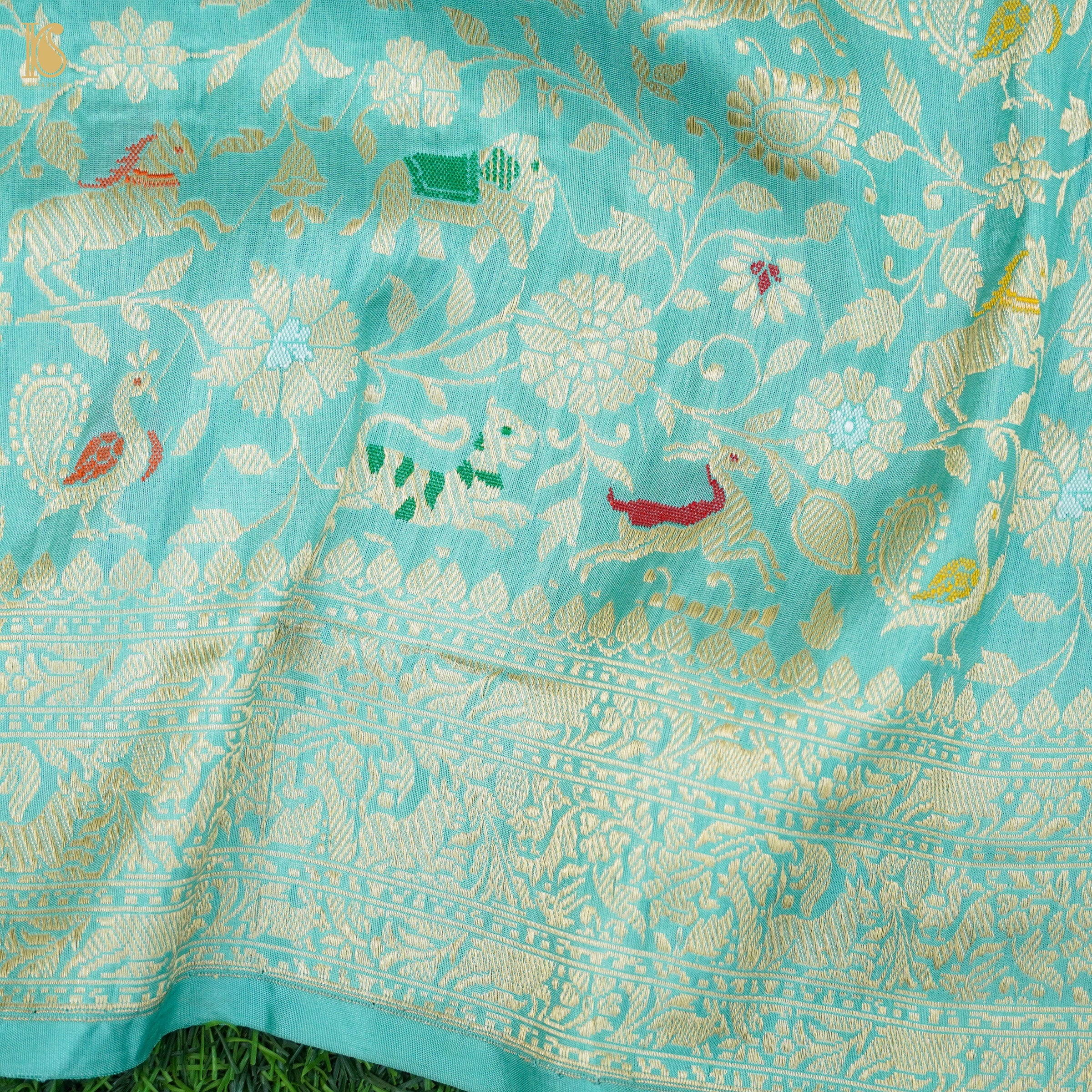 Downy Green Handloom Pure Katan Silk Pink Banarasi Bird Suit & Dupatta Set - Khinkhwab