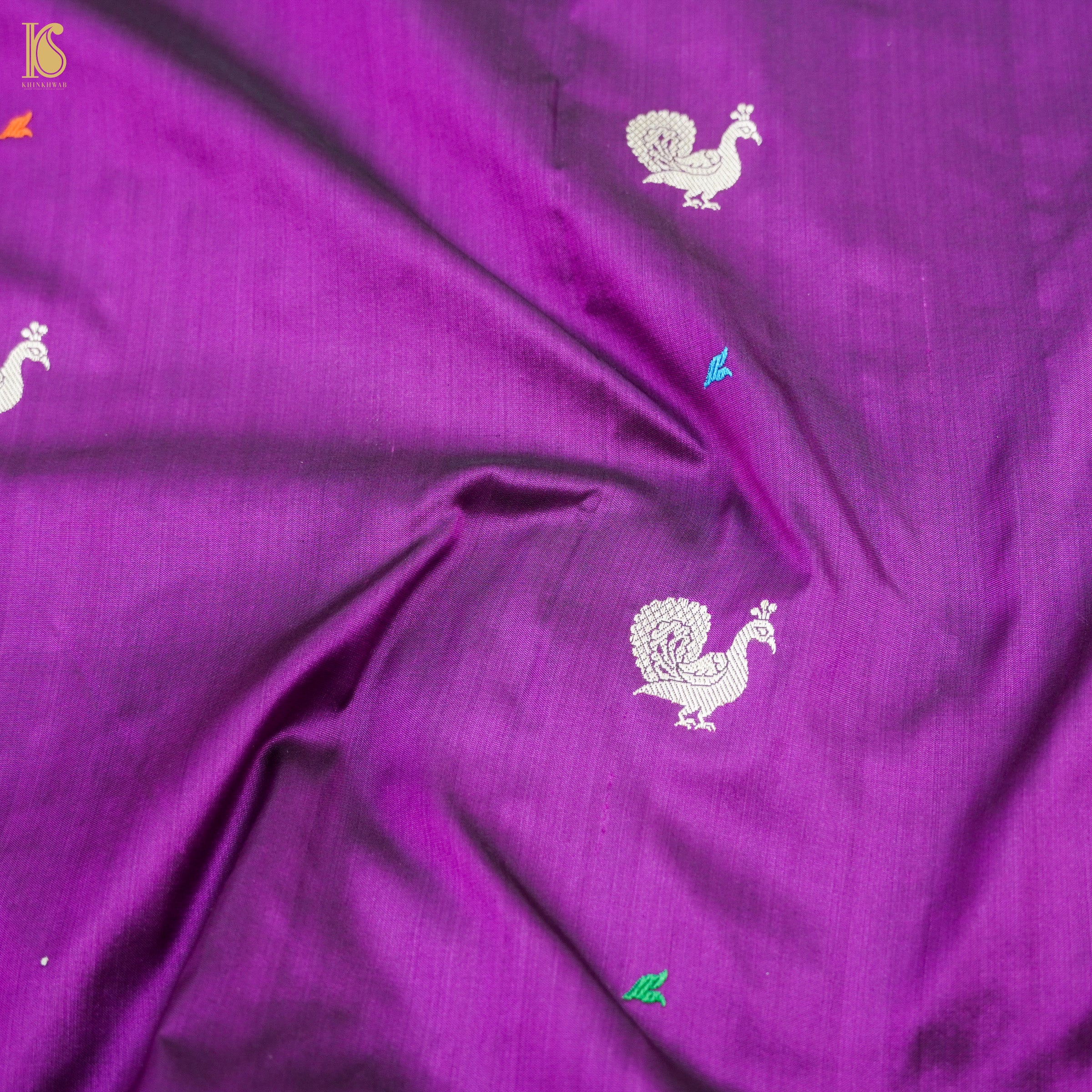 Orchid Purple Handwoven Pure Katan Silk Banarasi Peacock Kadwa Fabric - Khinkhwab