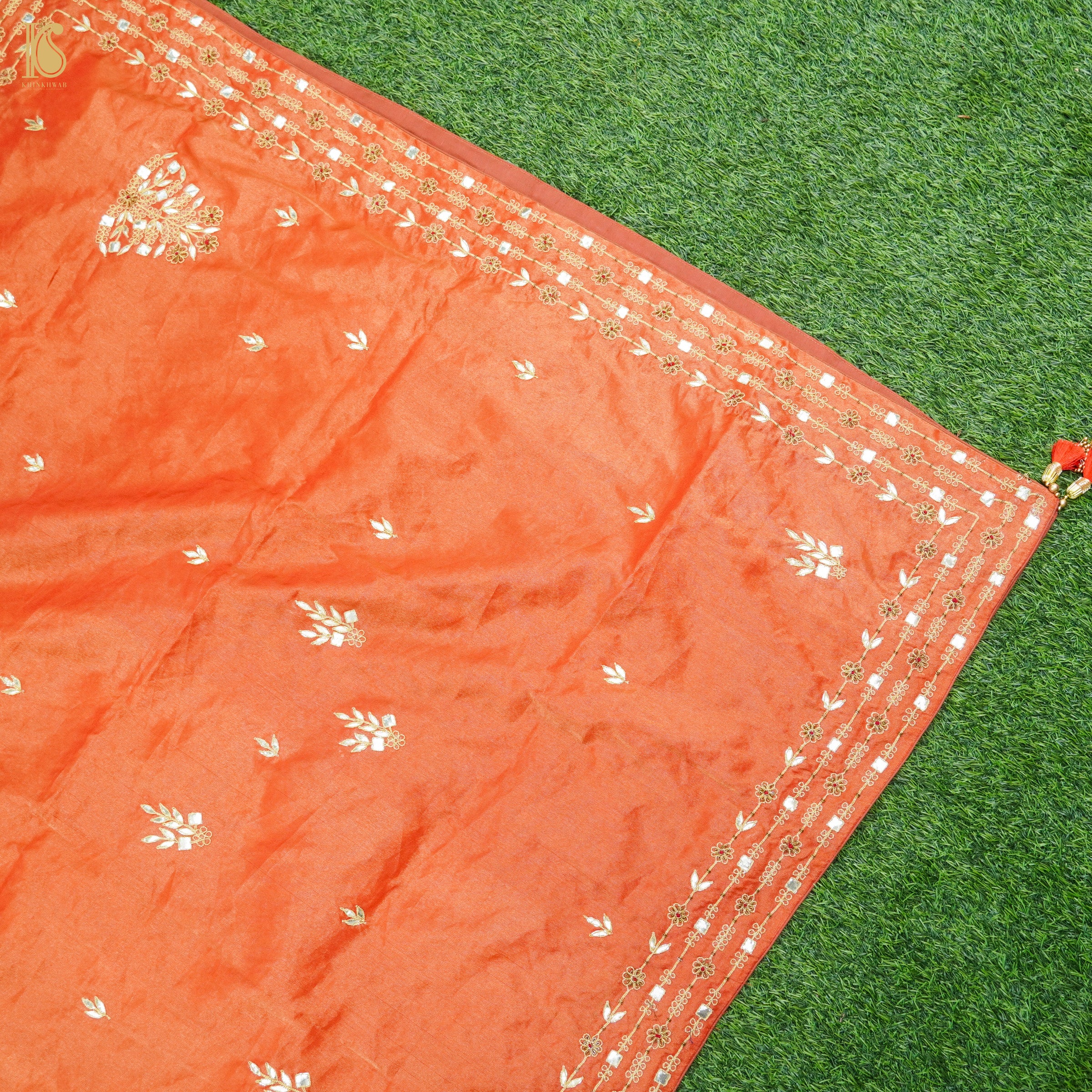 Chilean Fire Orange Pure Tissue Silk Embroidery Dupatta - Khinkhwab