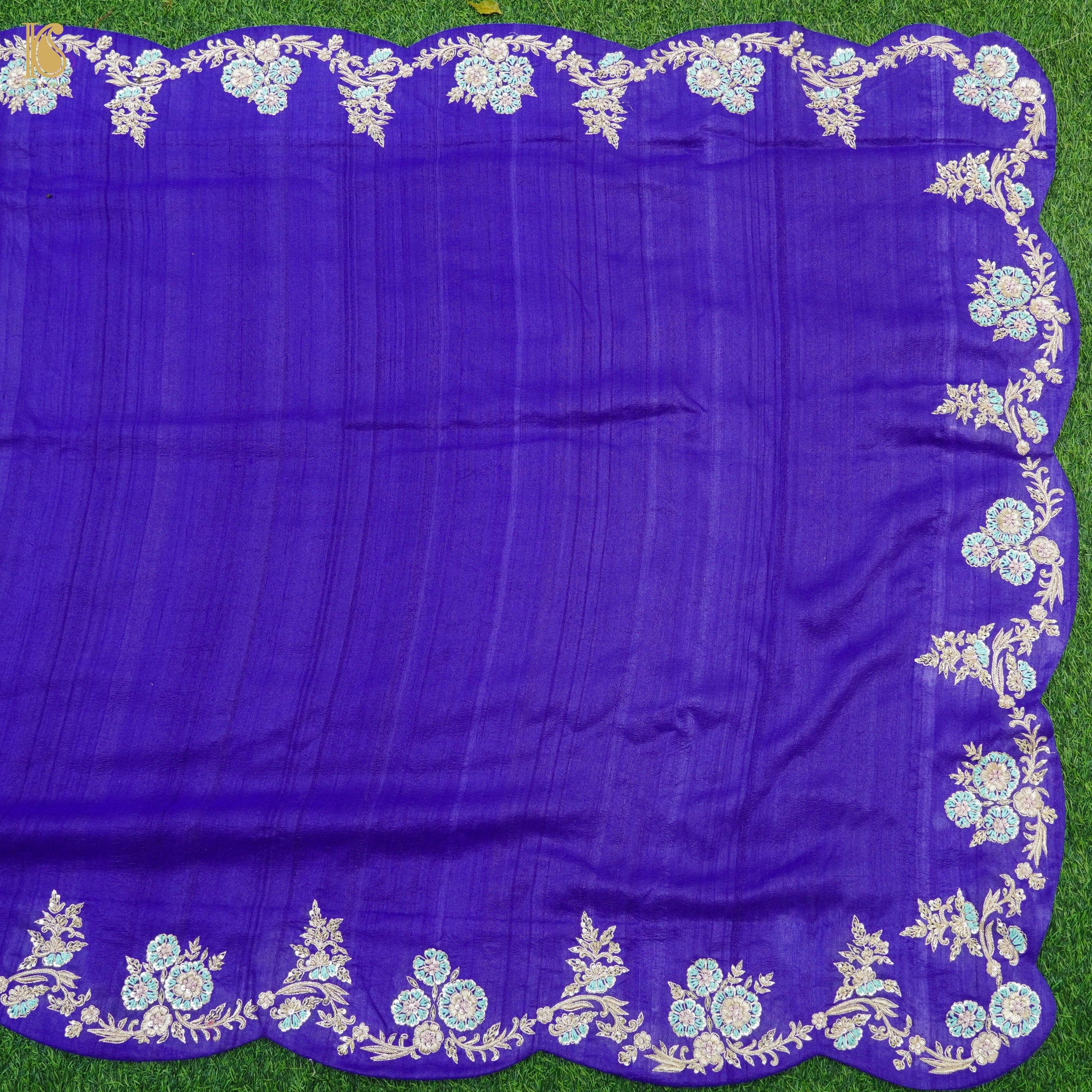 Blue Handloom Pure Tussar Silk Resham Embroidery Saree - Khinkhwab