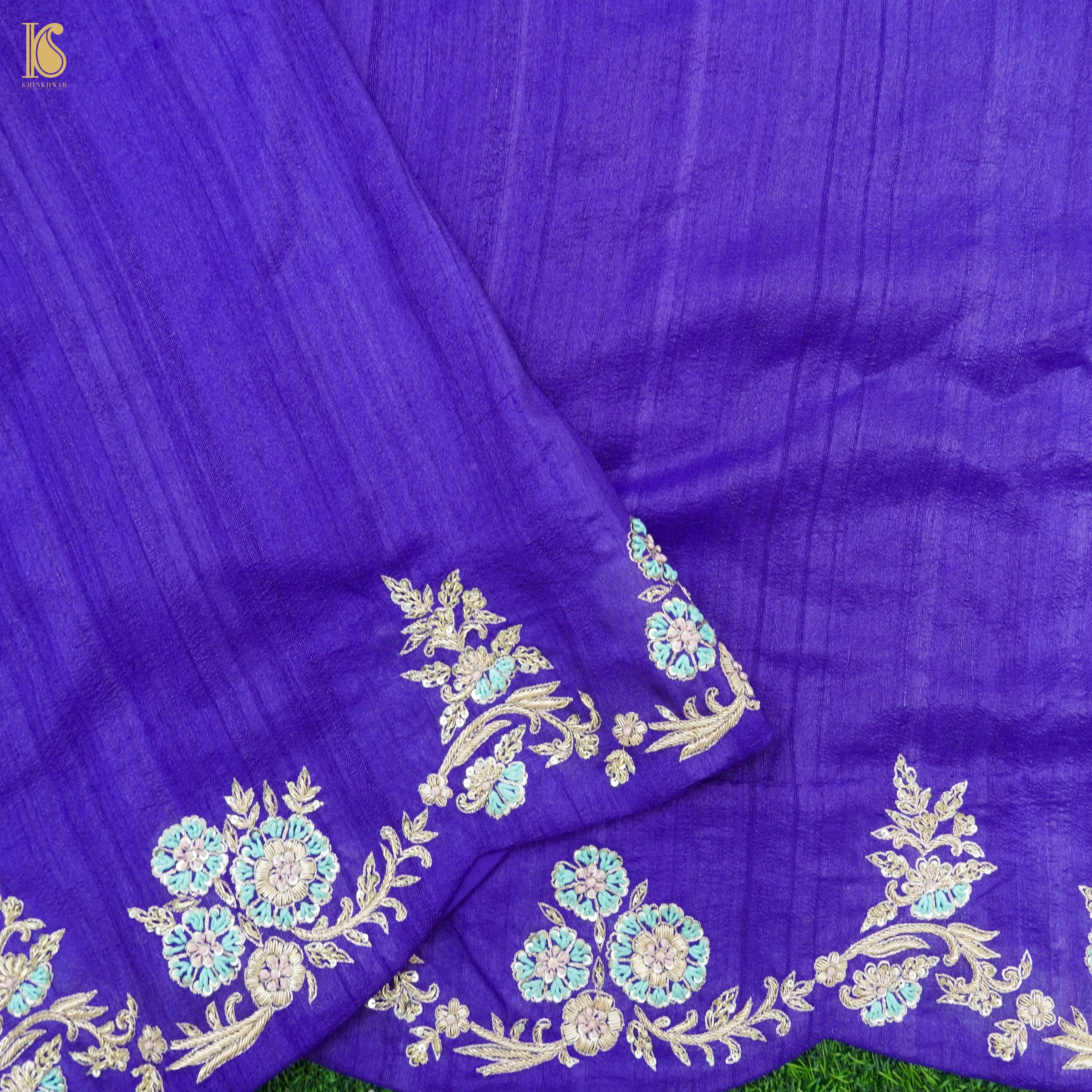 Blue Handloom Pure Tussar Silk Resham Embroidery Saree - Khinkhwab