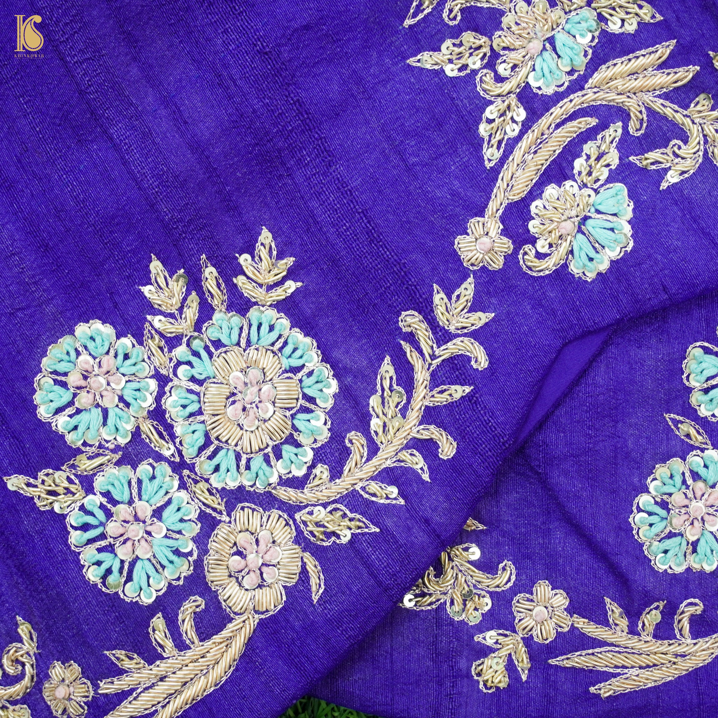 Blue Handloom Pure Tussar Silk Resham Embroidery Saree - Khinkhwab