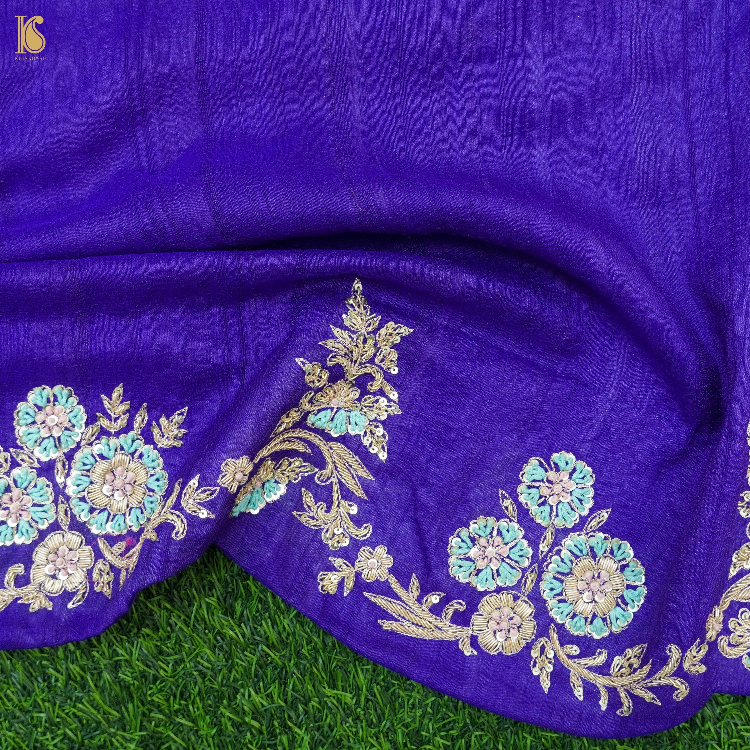 Blue Handloom Pure Tussar Silk Resham Embroidery Saree - Khinkhwab