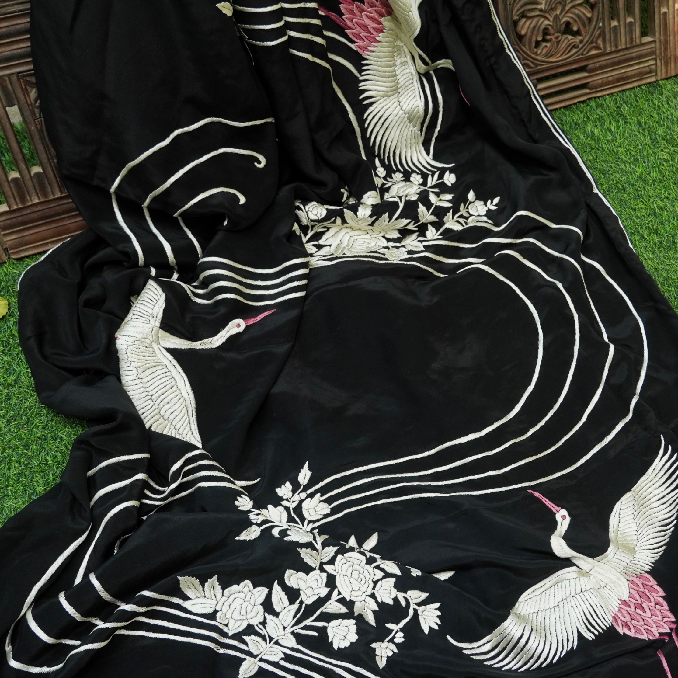Black Handcrafted Parsi Gara Pure Crepe Flying Swan Saree - Khinkhwab