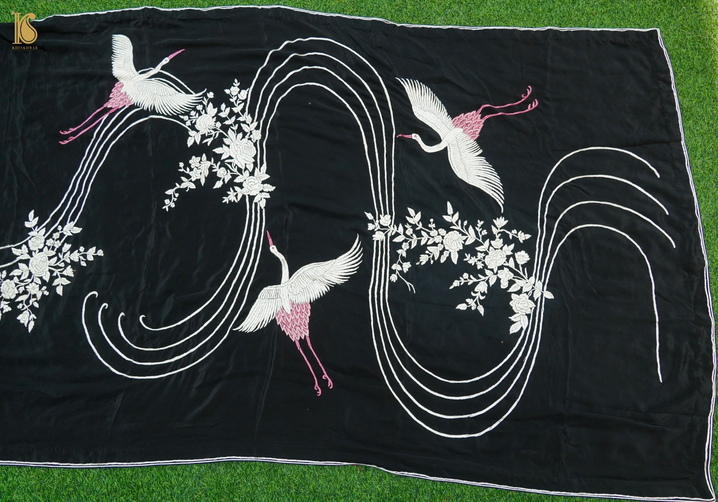 Black Handcrafted Parsi Gara Pure Crepe Flying Swan Saree - Khinkhwab