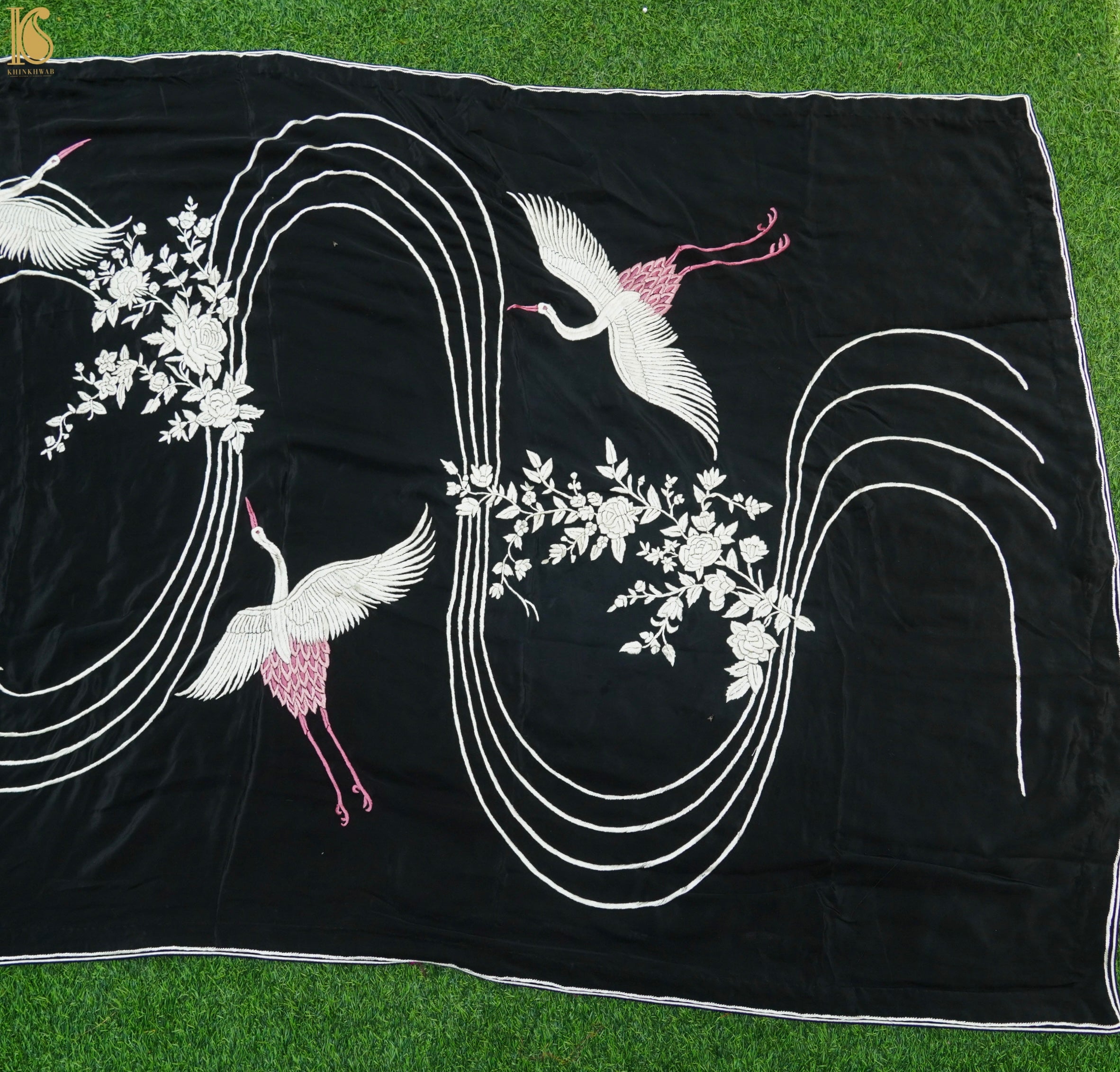 Black Handcrafted Parsi Gara Pure Crepe Flying Swan Saree - Khinkhwab