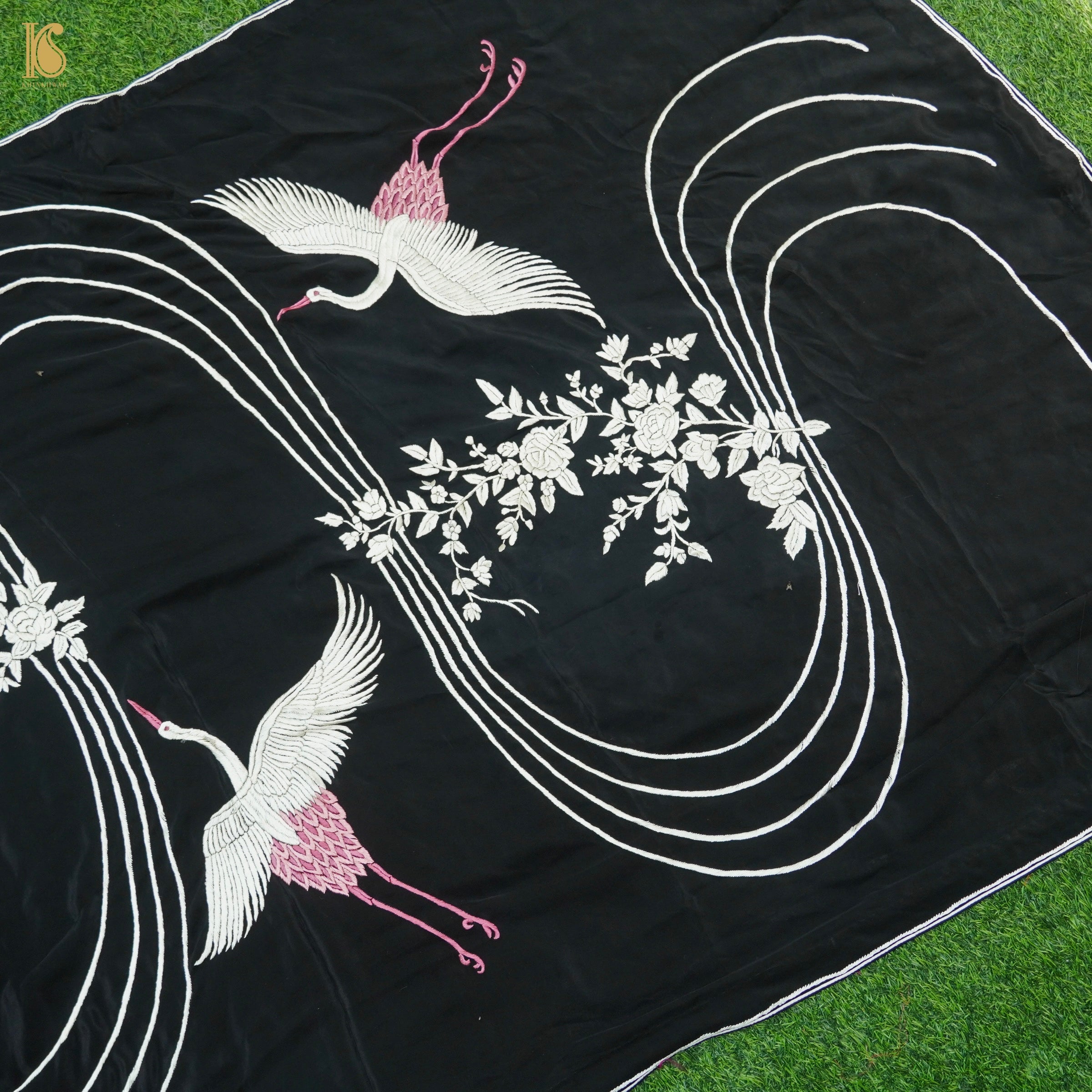 Black Handcrafted Parsi Gara Pure Crepe Flying Swan Saree - Khinkhwab