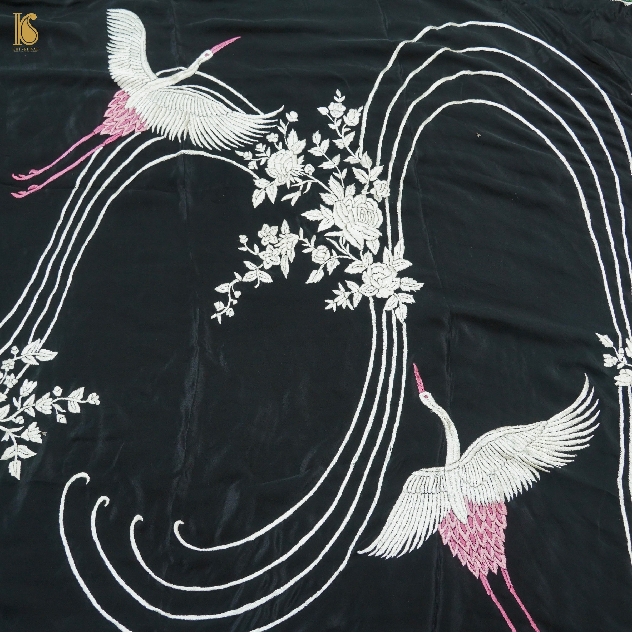 Black Handcrafted Parsi Gara Pure Crepe Flying Swan Saree - Khinkhwab
