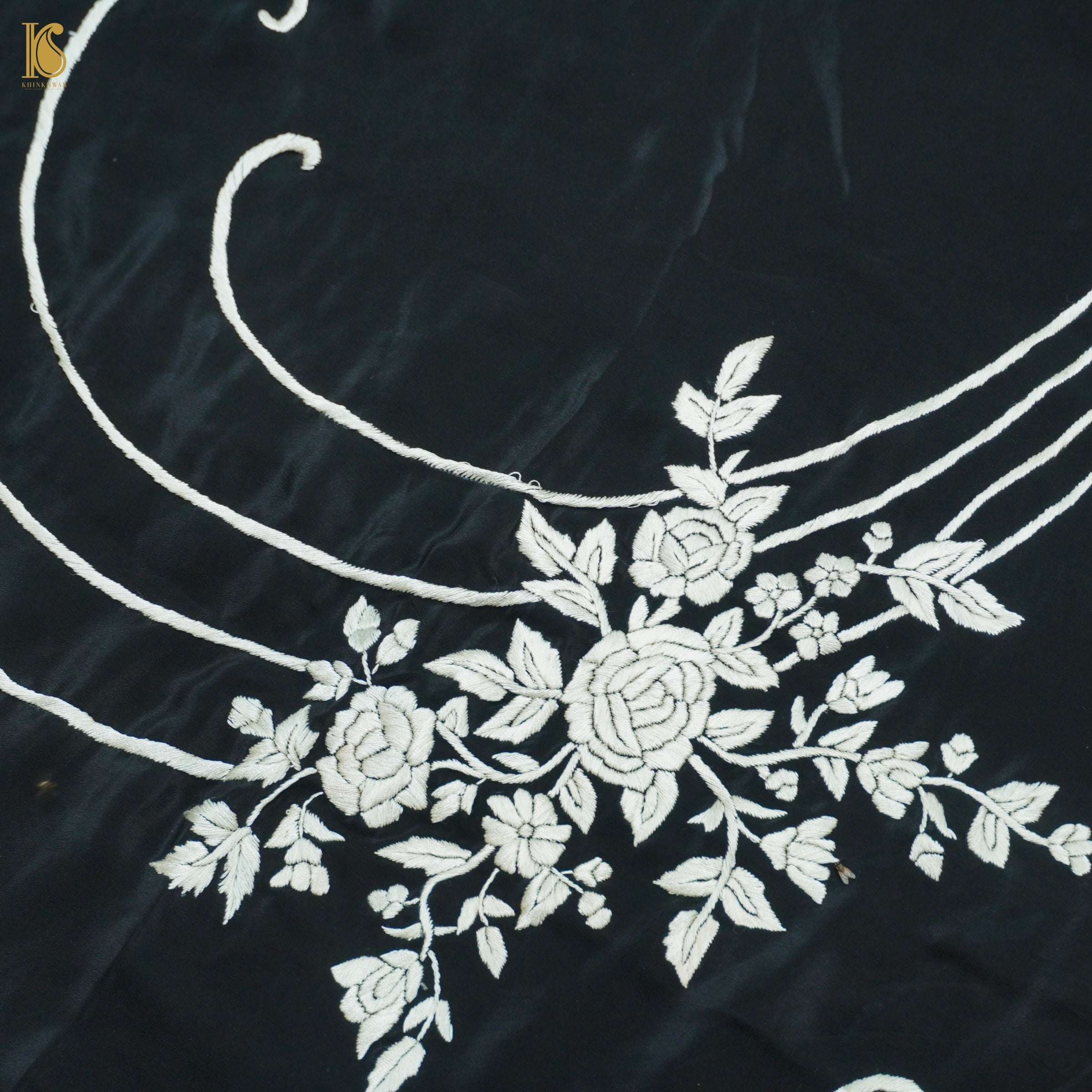 Black Handcrafted Parsi Gara Pure Crepe Flying Swan Saree - Khinkhwab