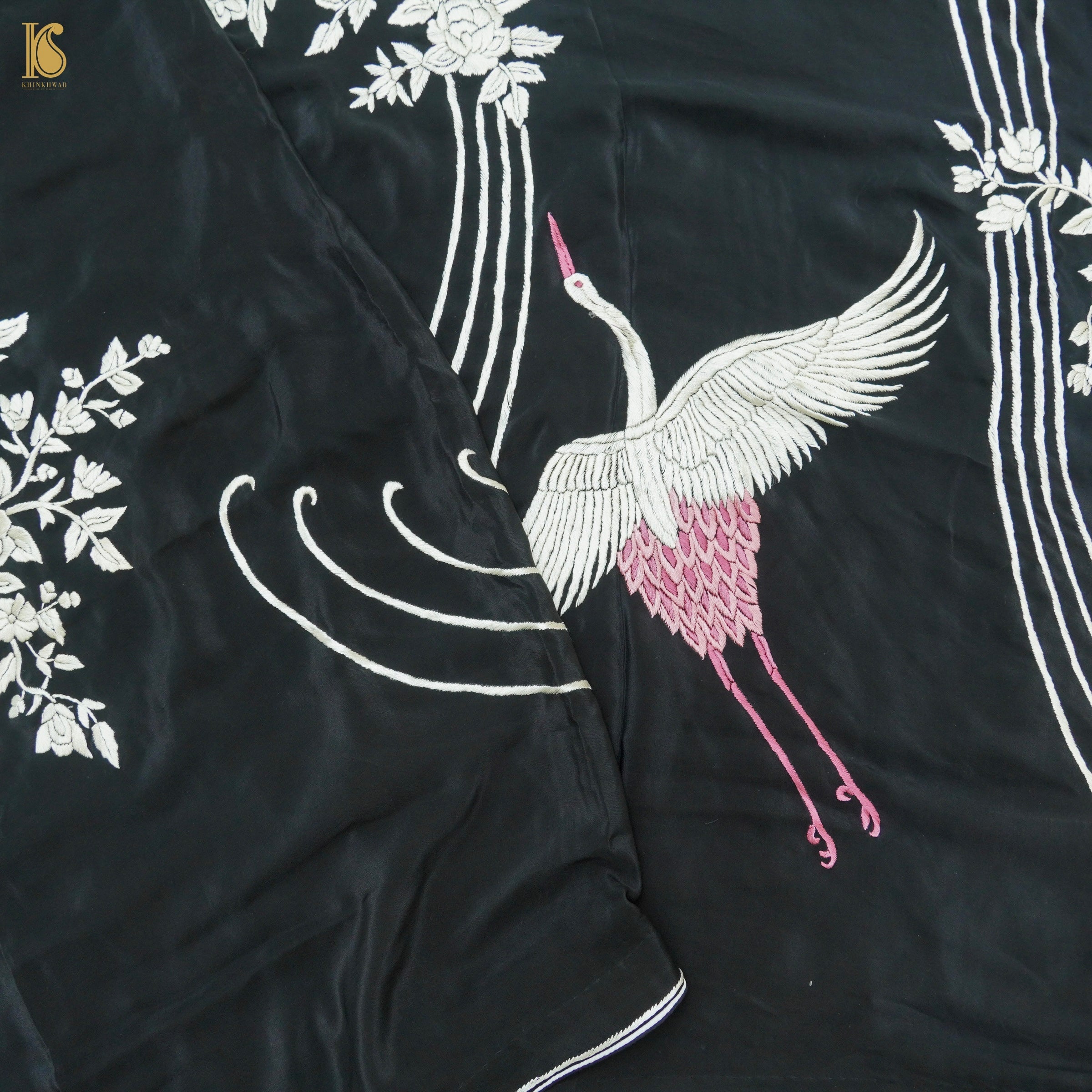 Black Handcrafted Parsi Gara Pure Crepe Flying Swan Saree - Khinkhwab