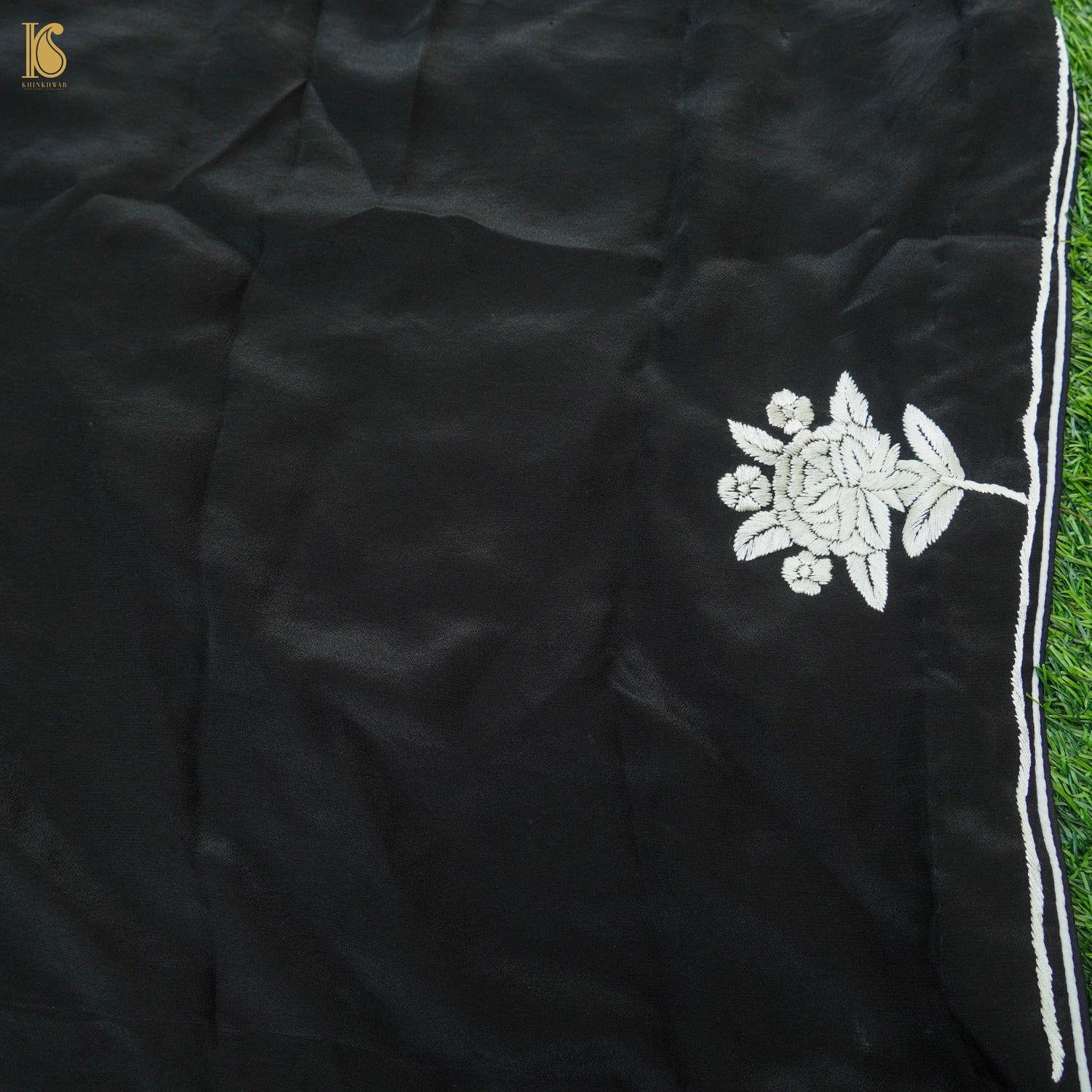 Black Handcrafted Parsi  Gara Pure Crepe Flying Swan Saree - Khinkhwab