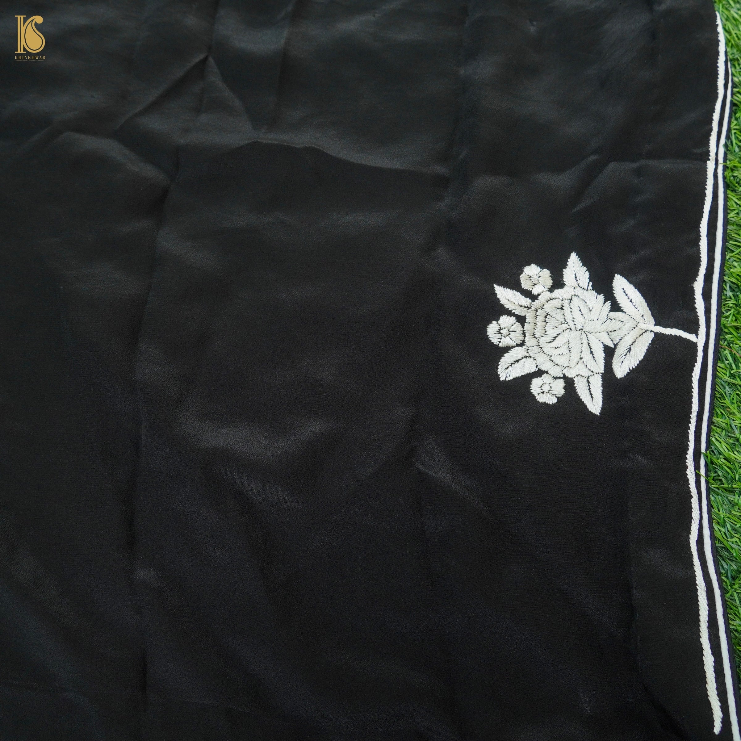 Black Handcrafted Parsi Gara Pure Crepe Flying Swan Saree - Khinkhwab