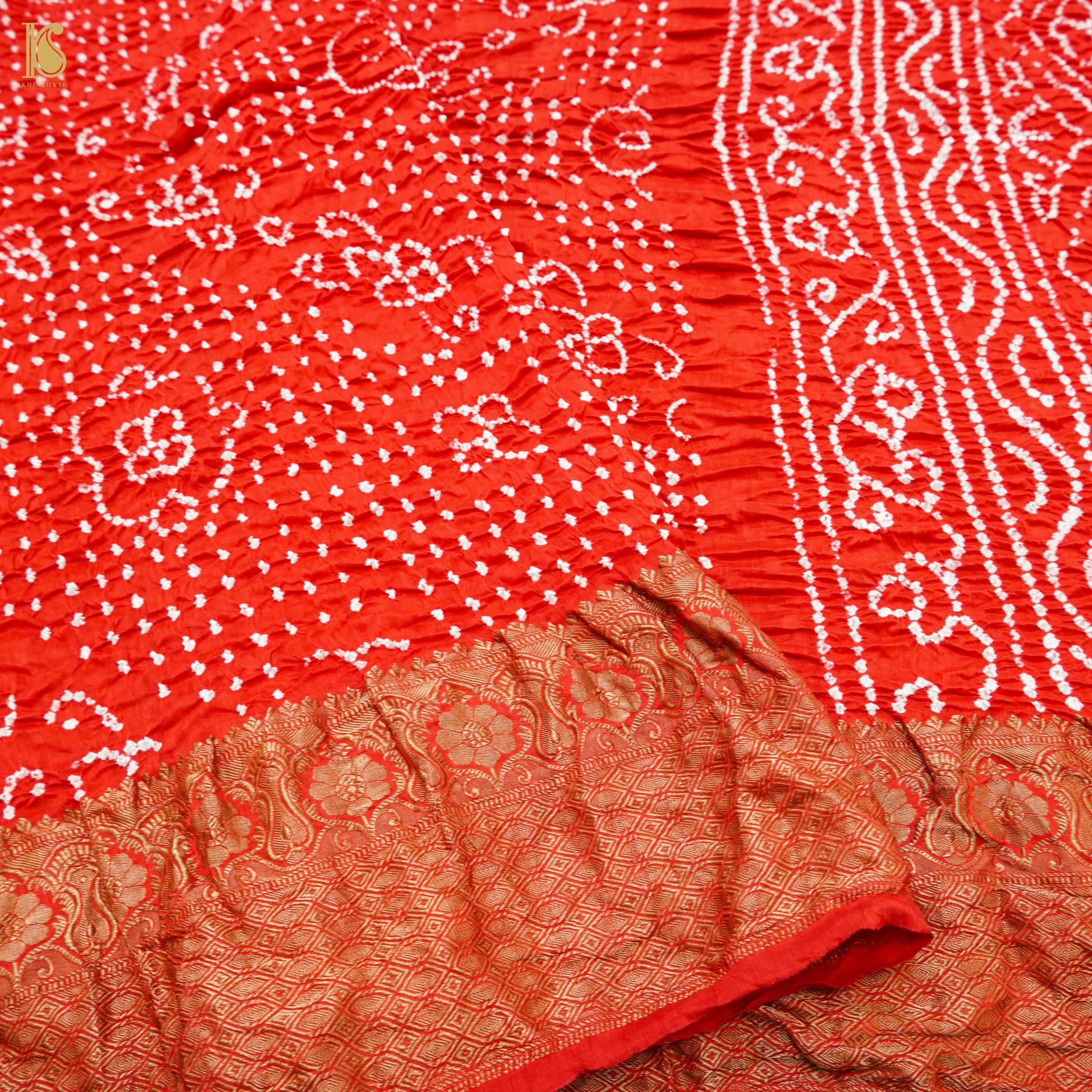 Red Pure Linen Bandhani Handloom Banarasi Saree - Khinkhwab