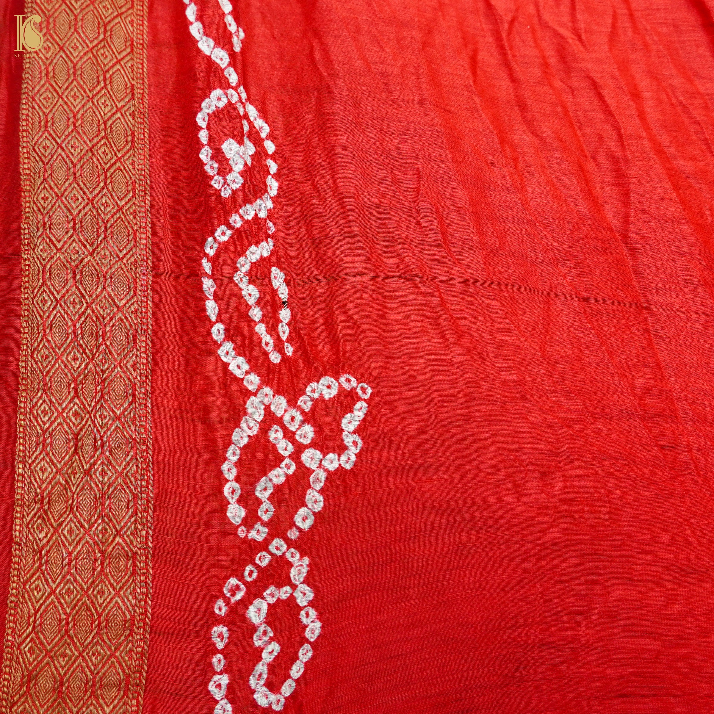 Red Pure Linen Bandhani Handloom Banarasi Saree - Khinkhwab