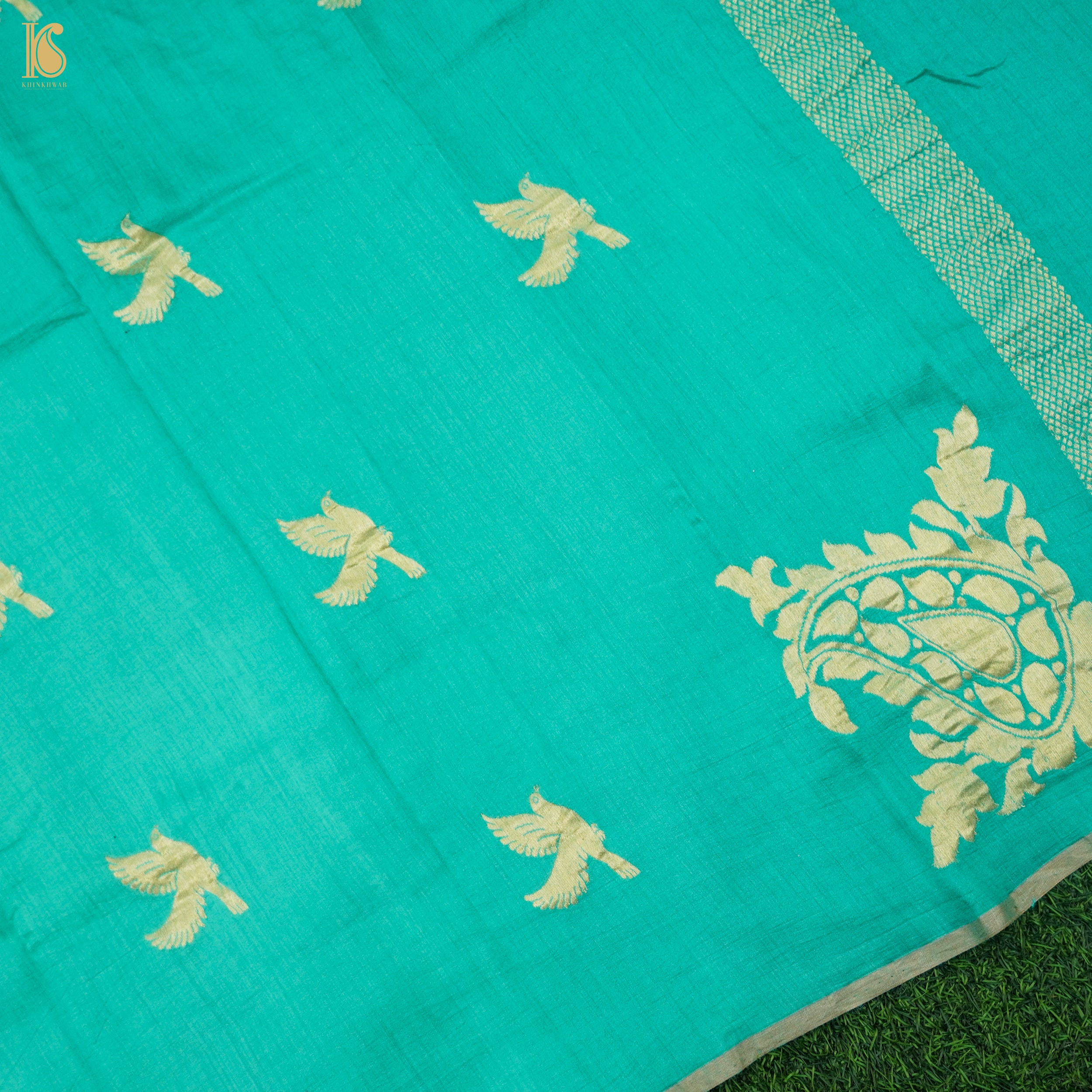 Persian Green Pure Moonga Silk Handloom Banarasi Suit and Dupatta Set - Khinkhwab