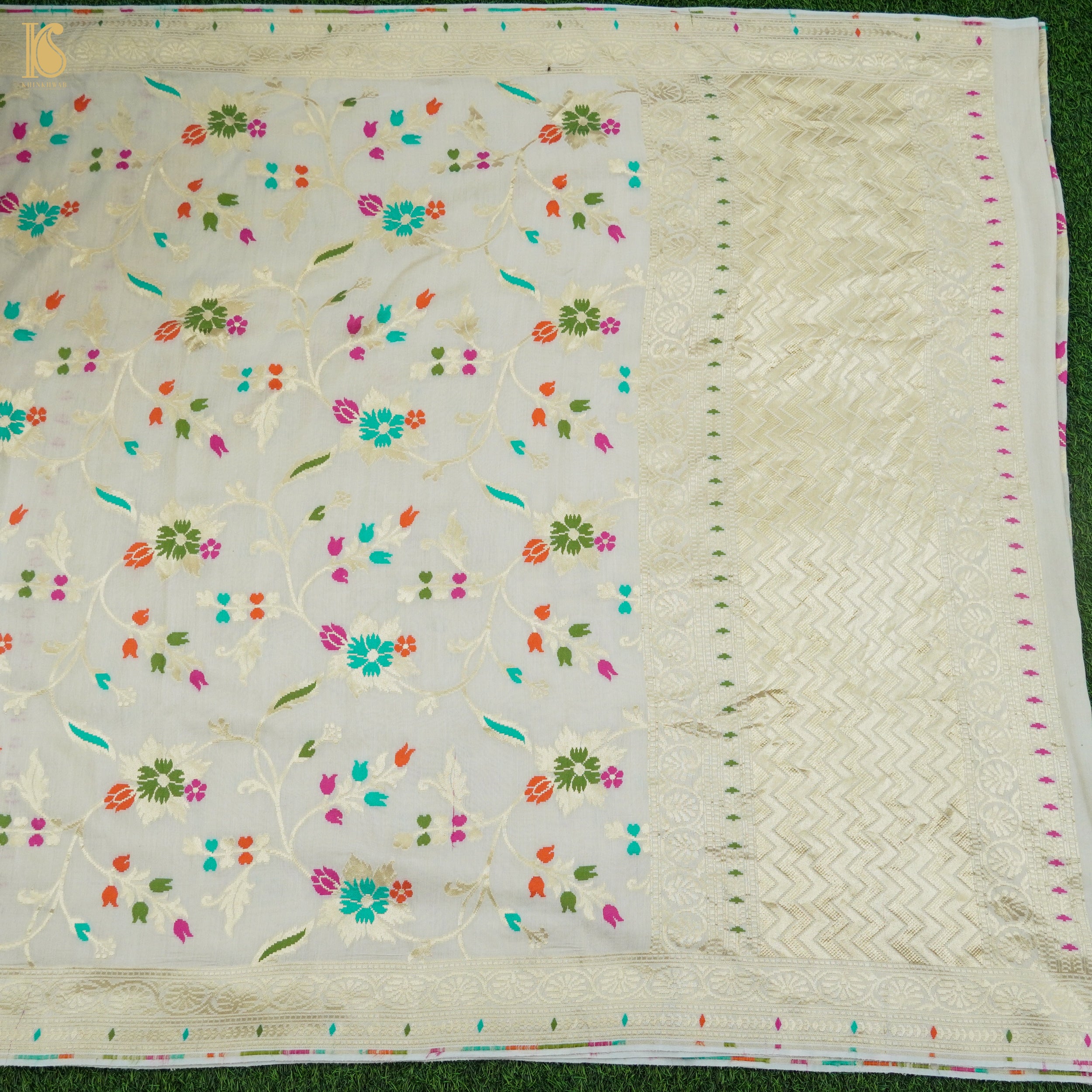 Preorder : Off White Pure Moonga Silk Banarasi Meenakari Saree - Khinkhwab