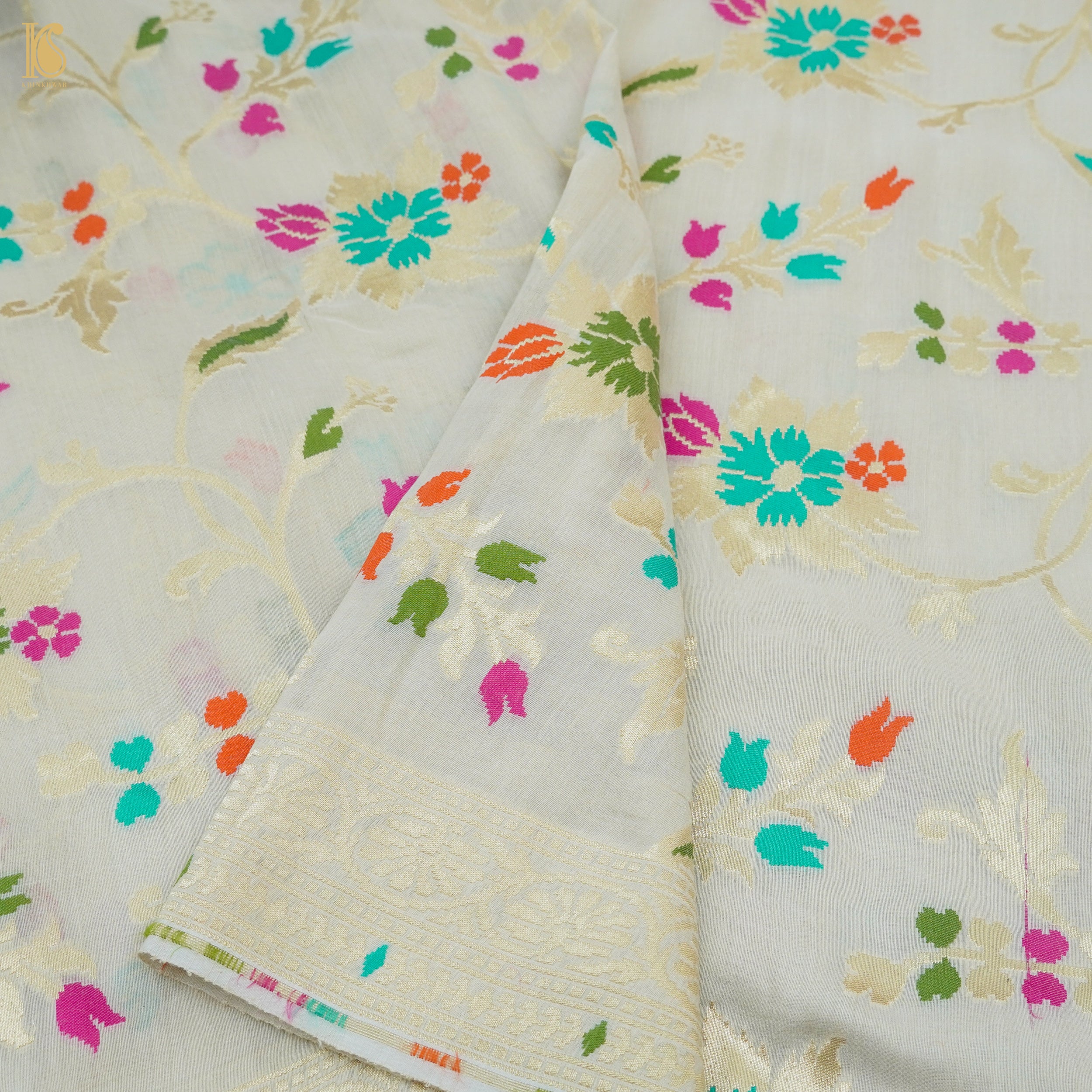 Preorder : Off White Pure Moonga Silk Banarasi Meenakari Saree - Khinkhwab