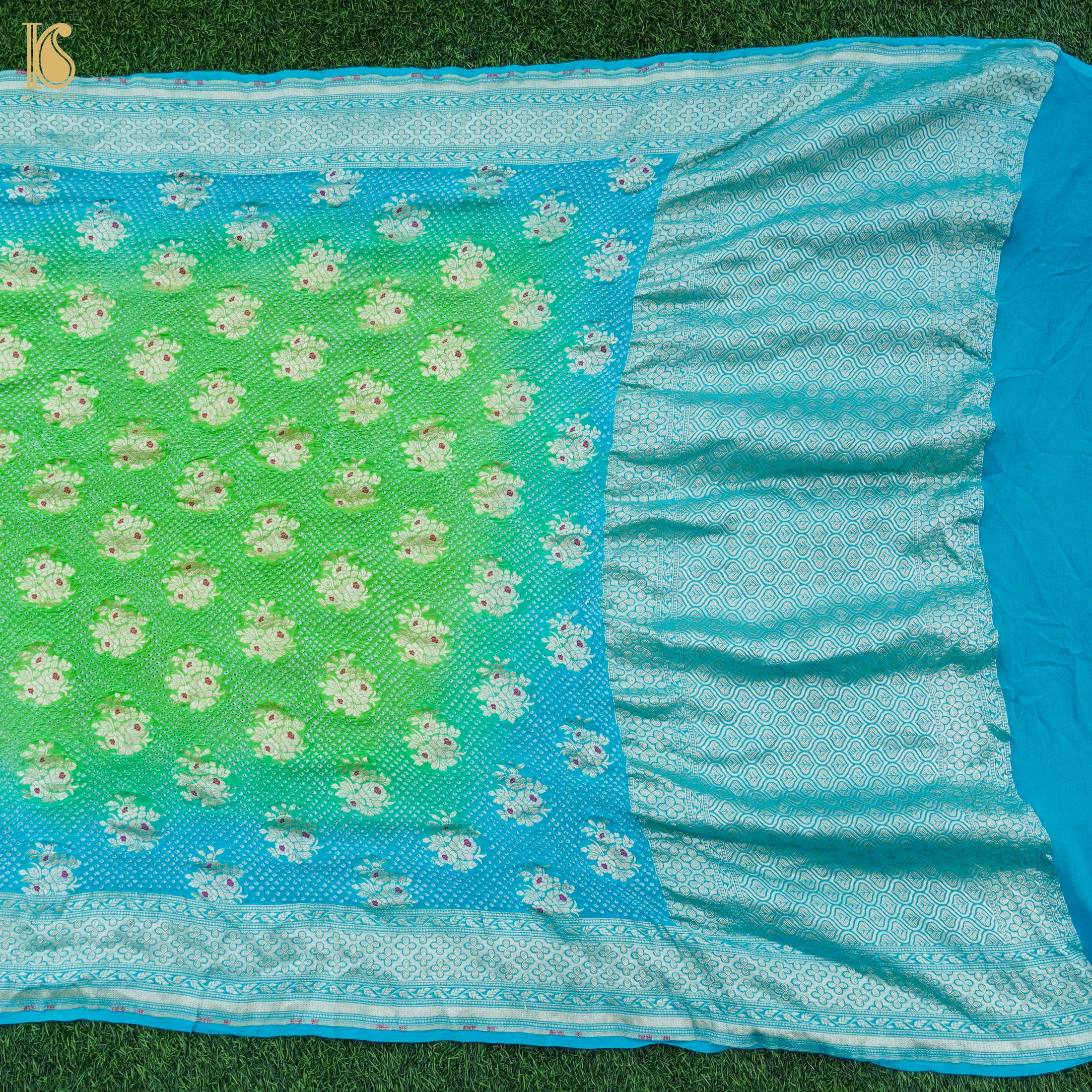 Lime Green Pure Georgette Handloom Banarasi Bandhani Saree - Khinkhwab