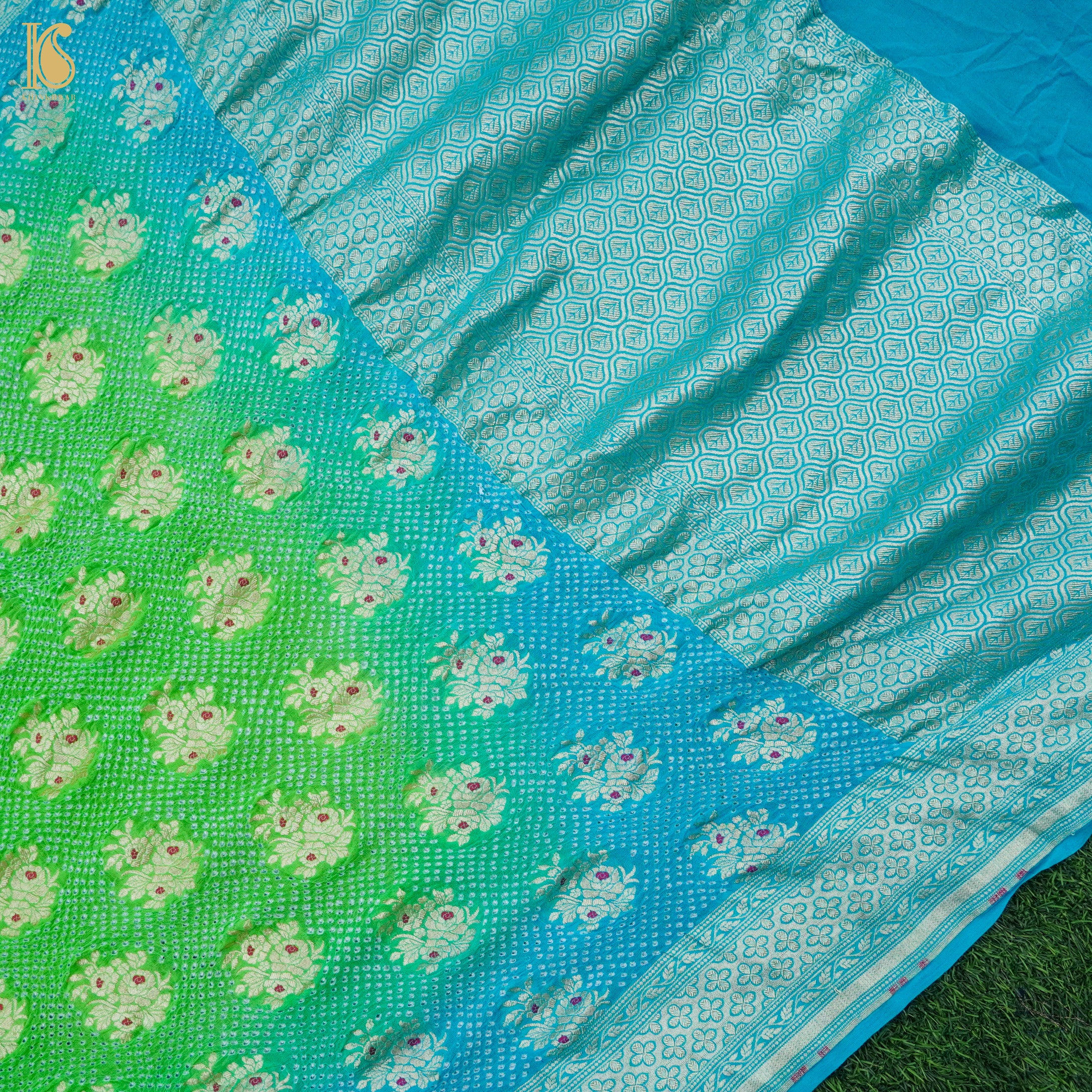 Lime Green Pure Georgette Handloom Banarasi Bandhani Saree - Khinkhwab