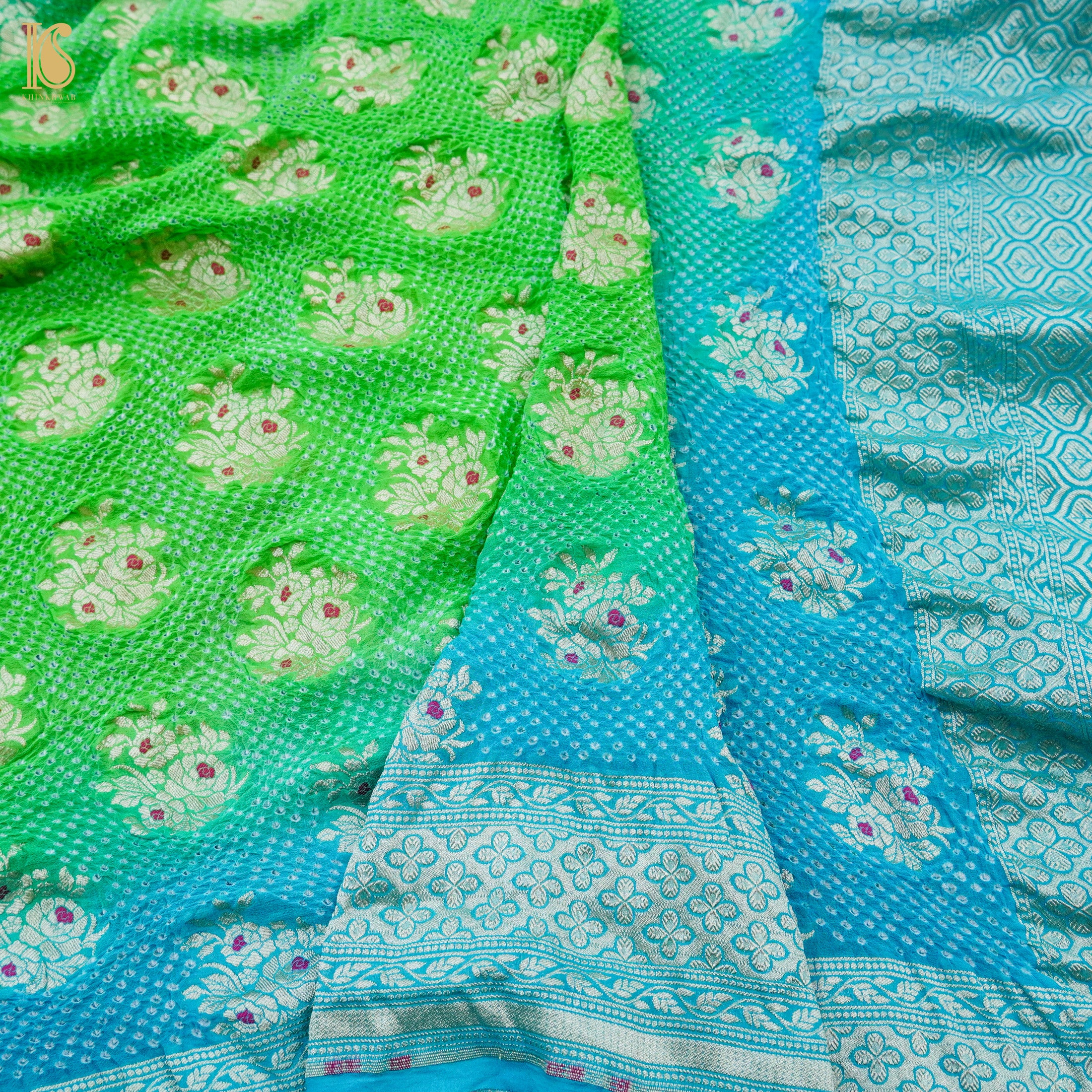 Lime Green Pure Georgette Handloom Banarasi Bandhani Saree - Khinkhwab