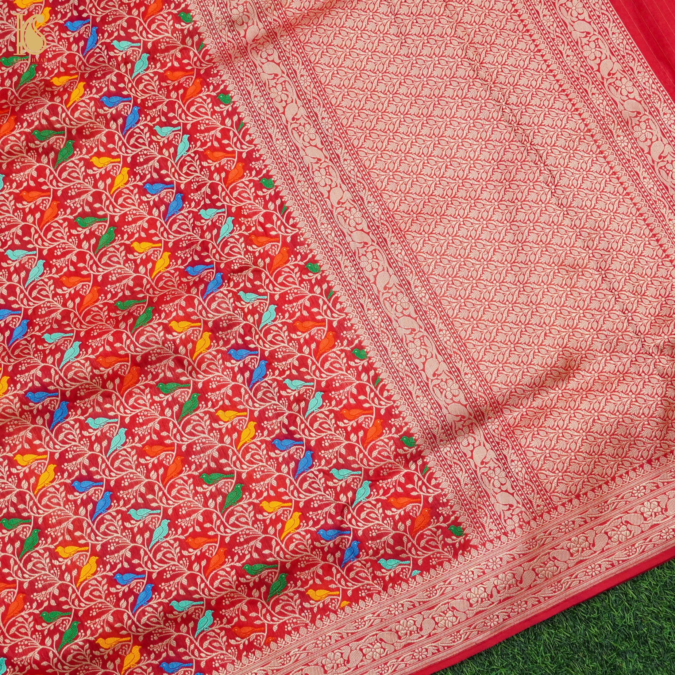 Red Handloom Katan Silk Banarasi Birds Saree - Khinkhwab