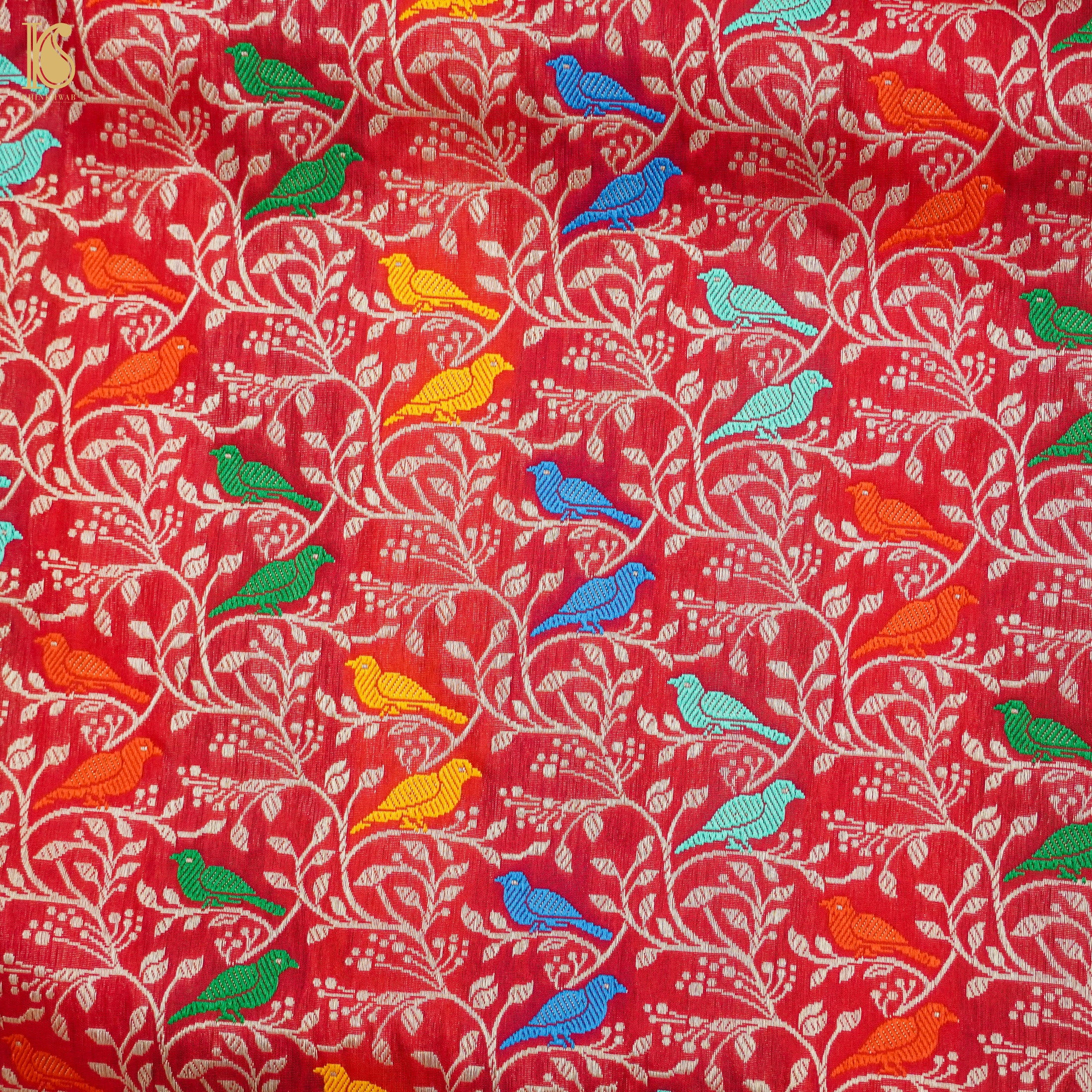 Red Handloom Katan Silk Banarasi Birds Saree - Khinkhwab