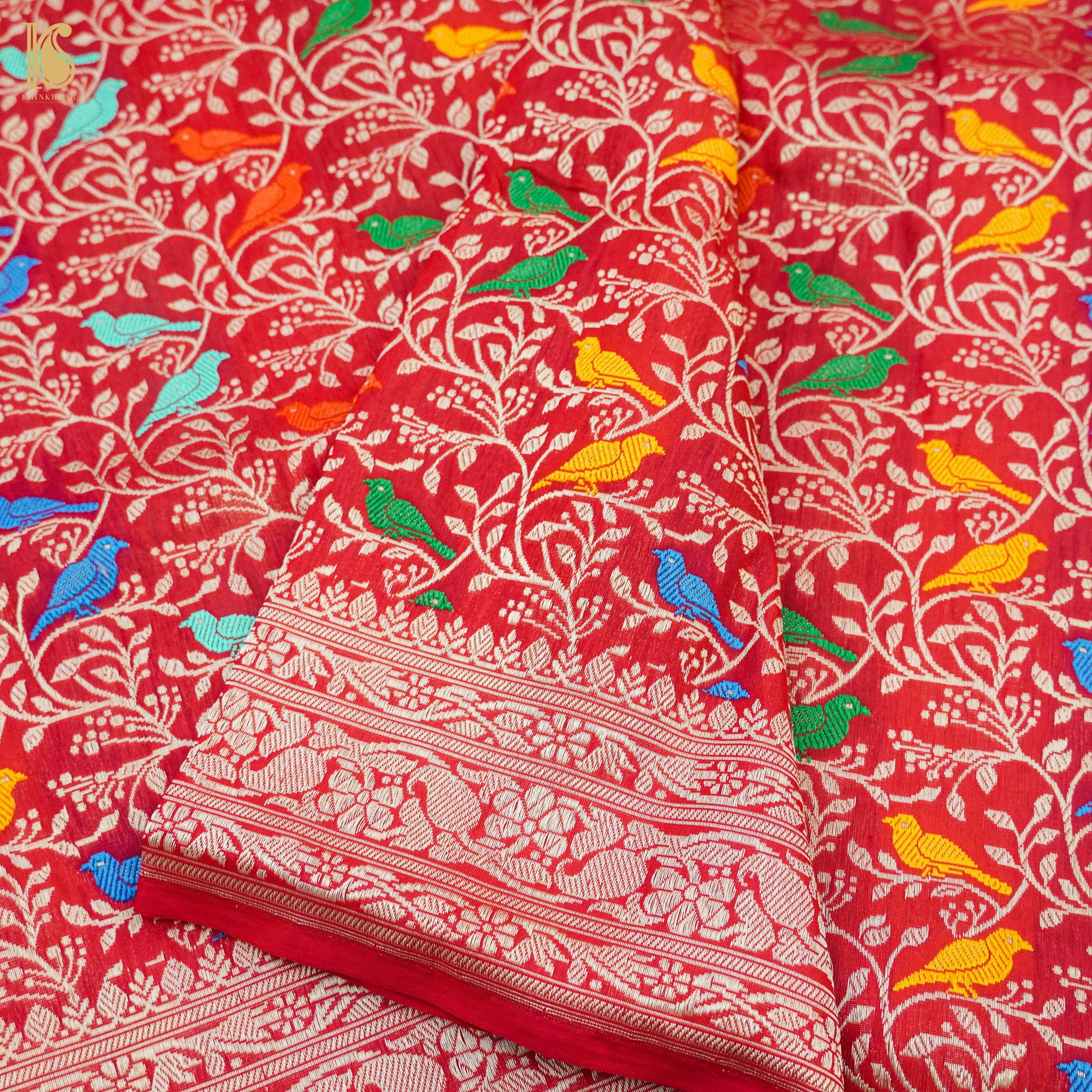 Red Handloom Katan Silk Banarasi Birds Saree - Khinkhwab