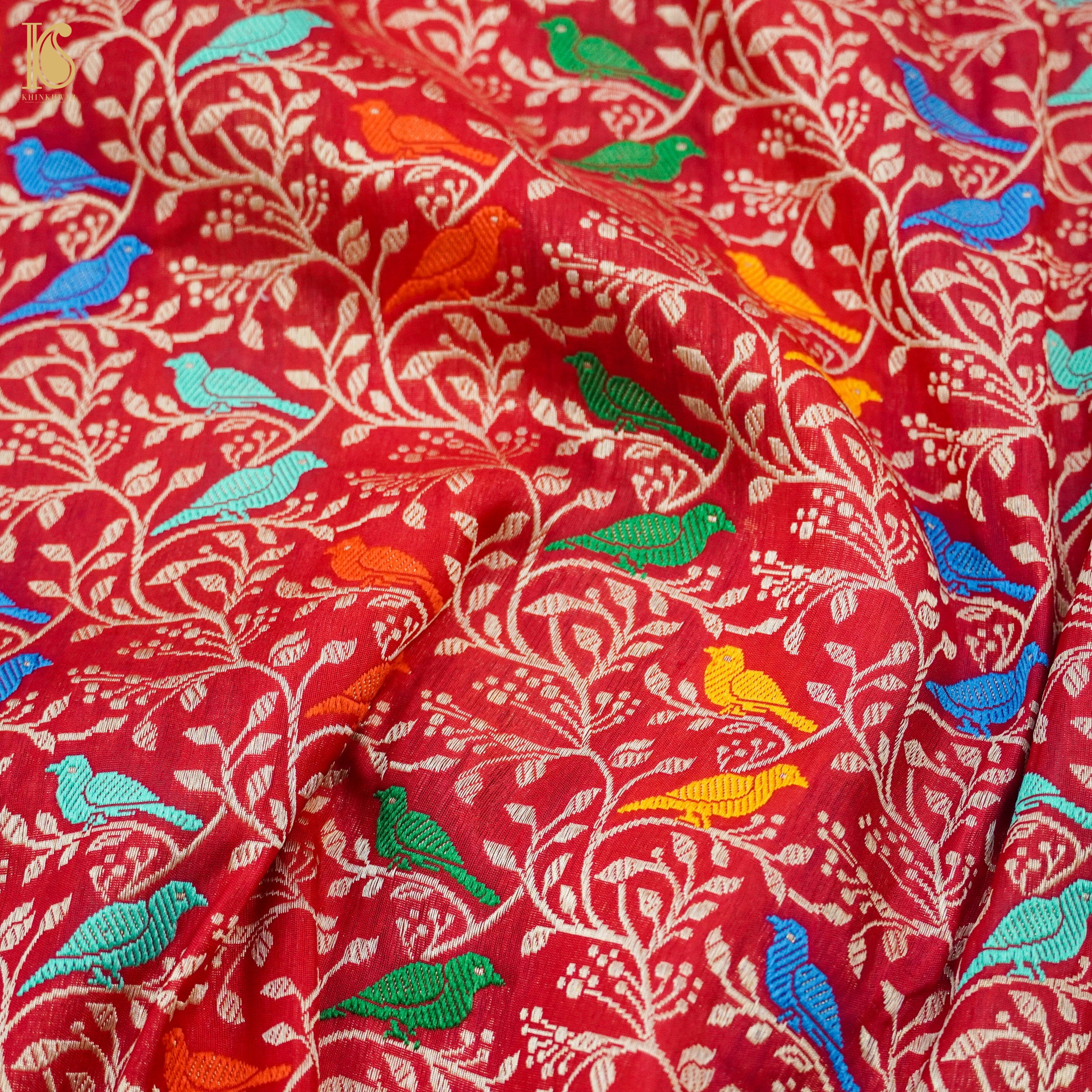 Red Handloom Katan Silk Banarasi Birds Saree - Khinkhwab
