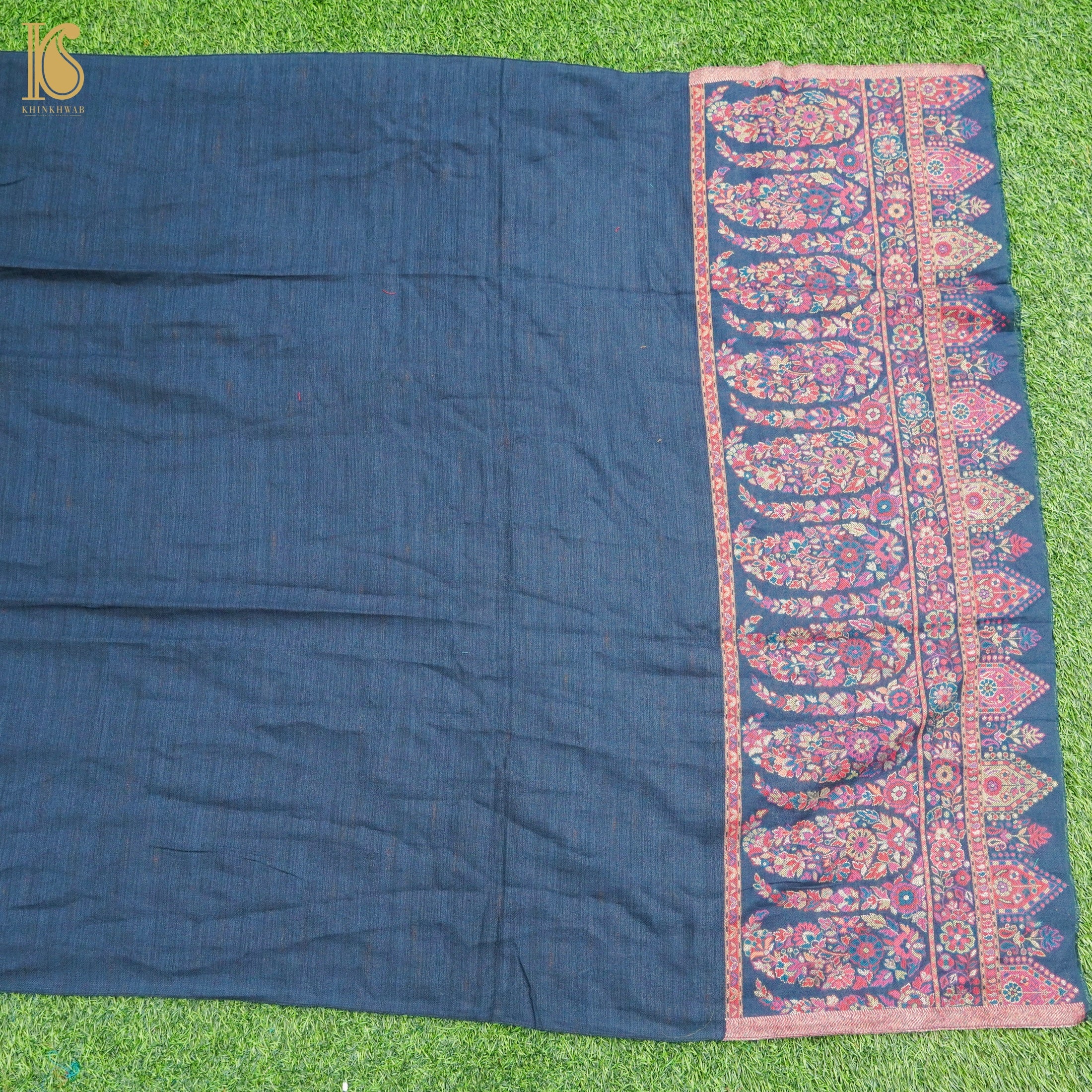 Midnight Blue Semi Pashmina Handwoven Kani Weave Kashmiri Stole - Khinkhwab