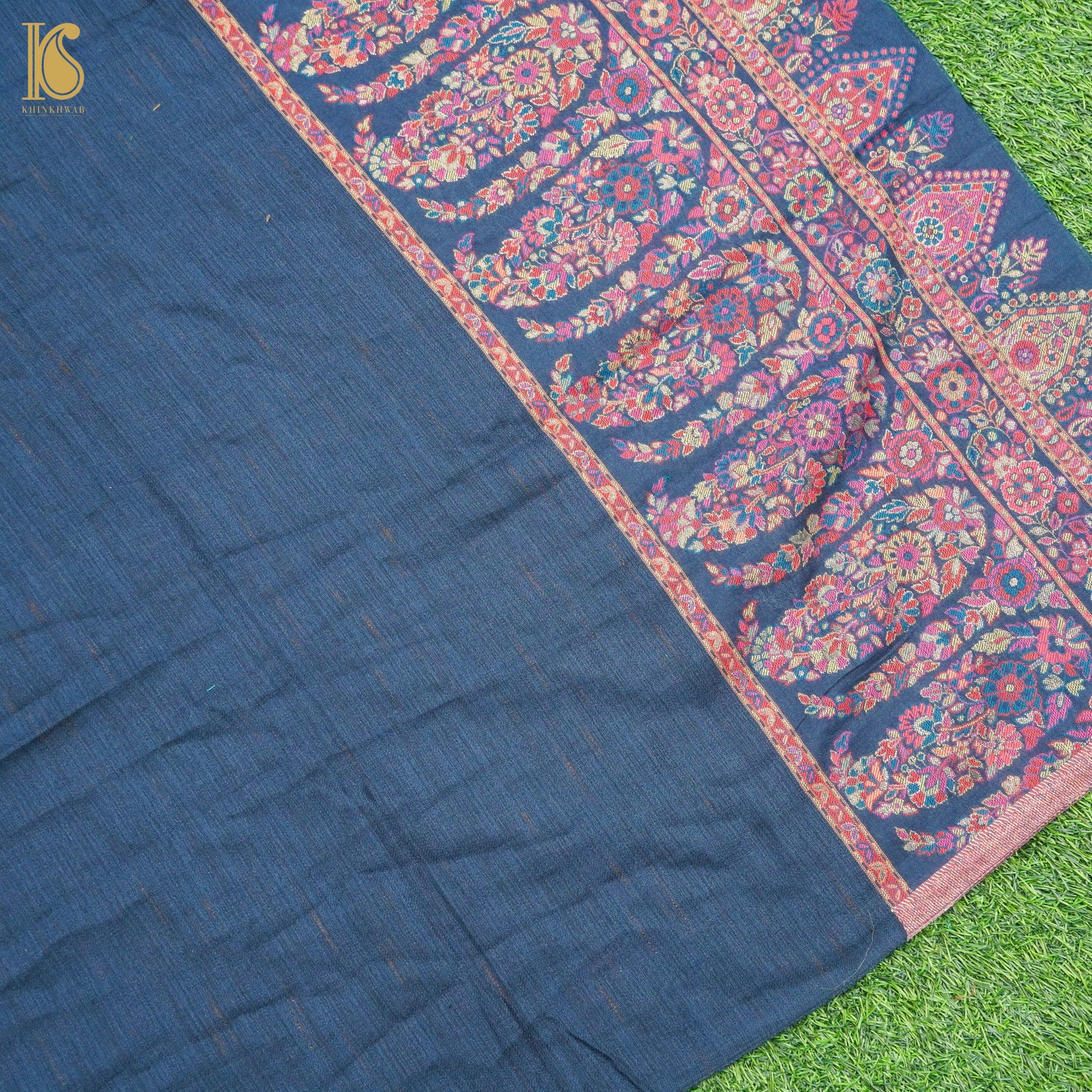 Midnight Blue Semi Pashmina Handwoven Kani Weave Kashmiri Stole - Khinkhwab