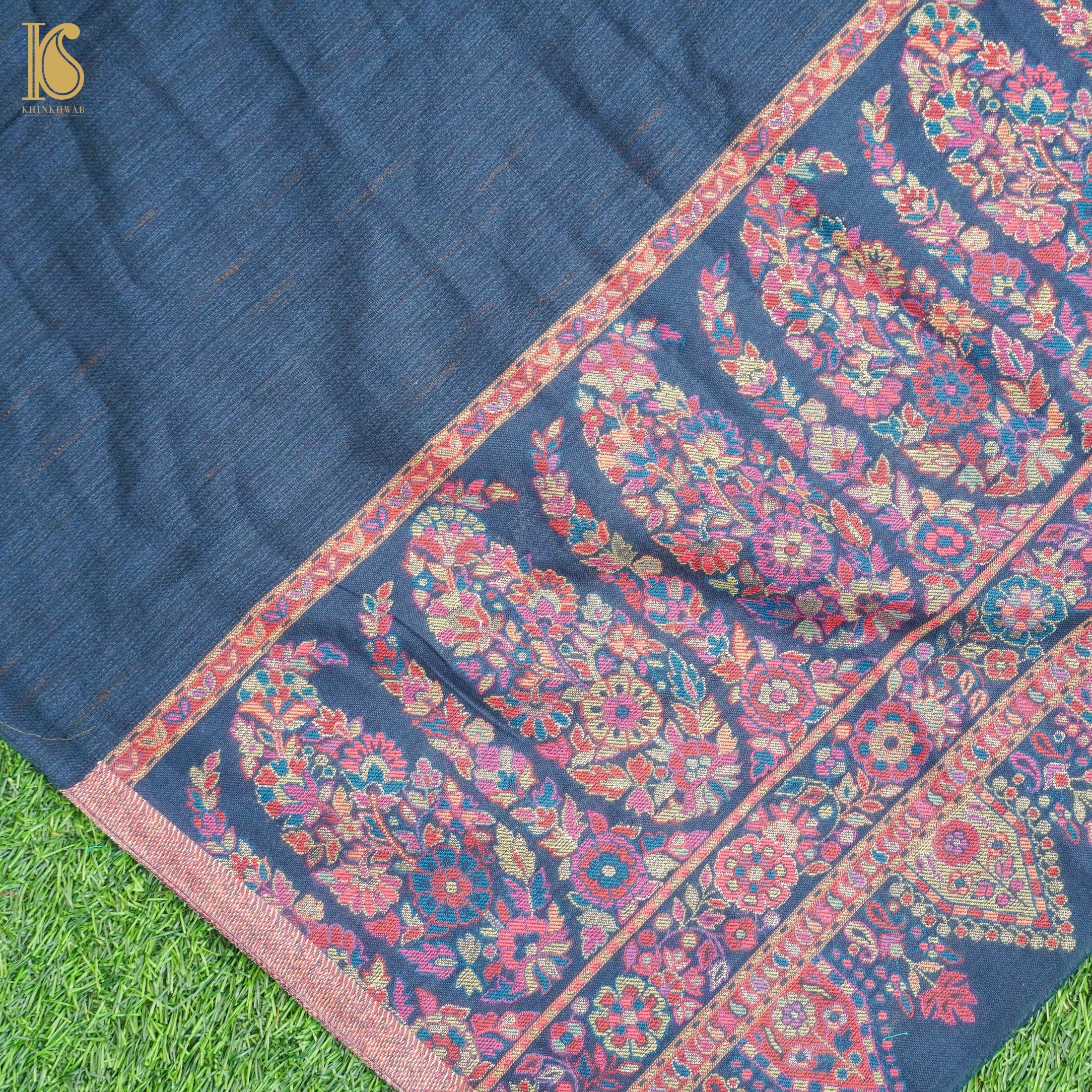 Midnight Blue Semi Pashmina Handwoven Kani Weave Kashmiri Stole - Khinkhwab