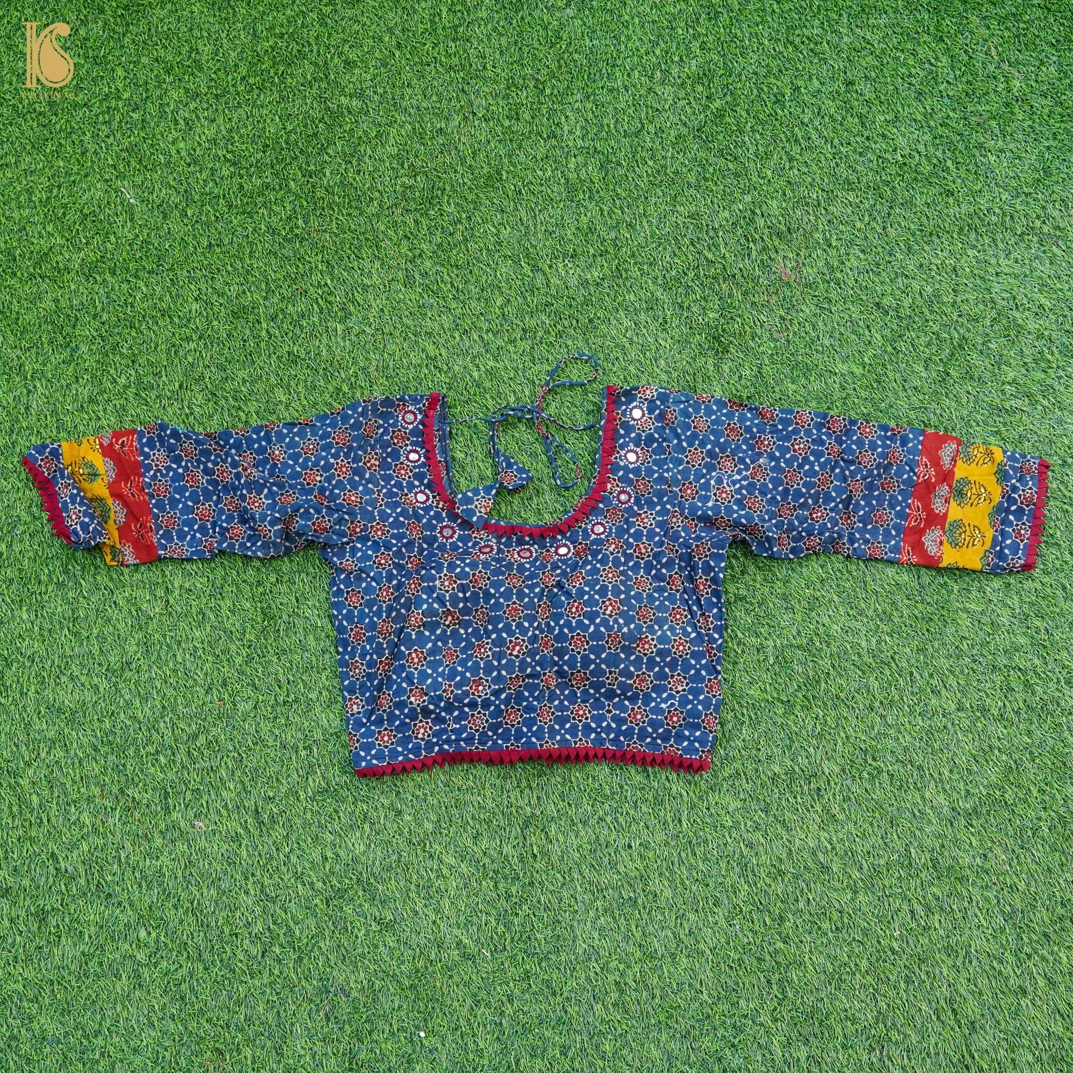 Blue Ajrakh & Mirror Pure Cotton Stitched Blouse - Khinkhwab