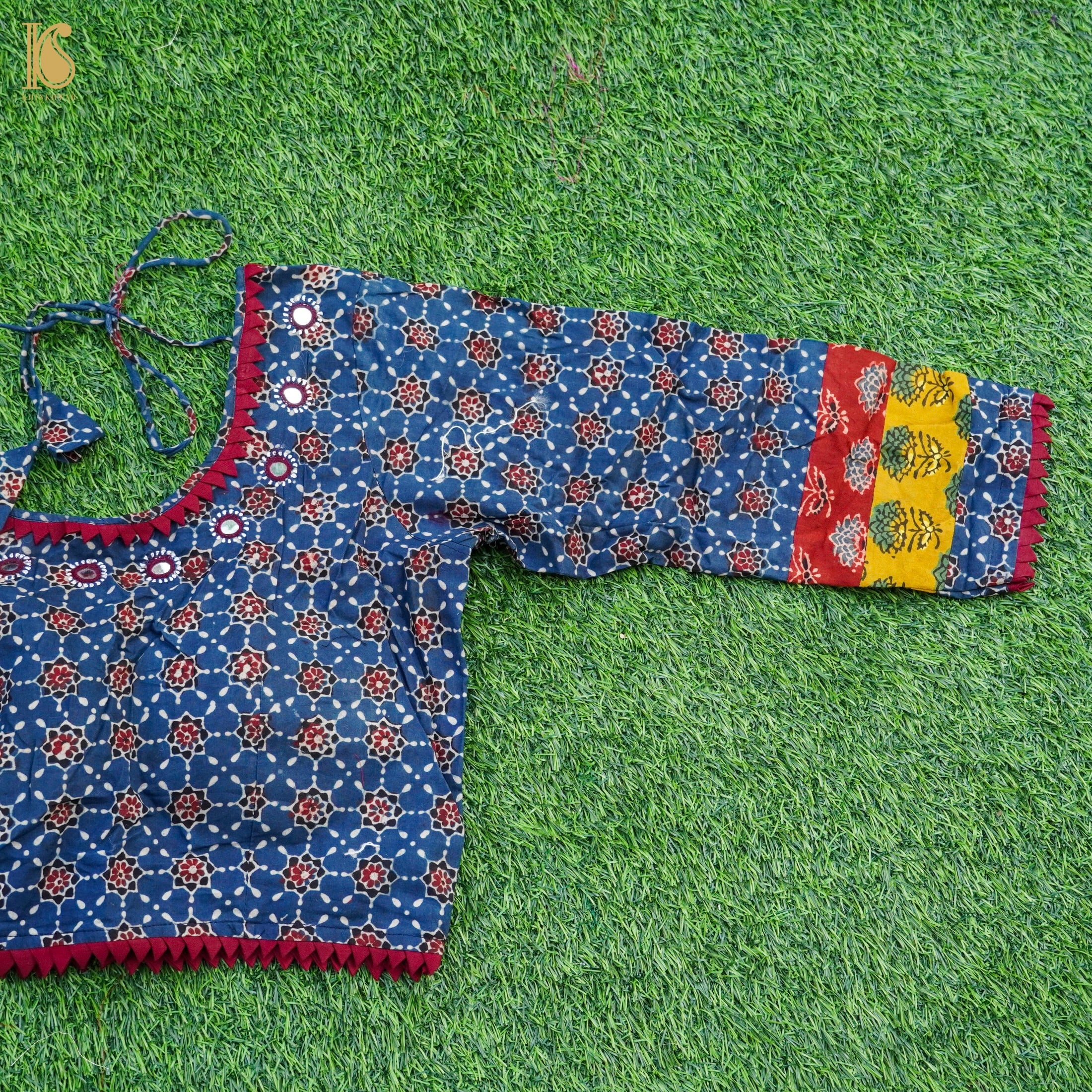 Blue Ajrakh & Mirror Pure Cotton Stitched Blouse - Khinkhwab