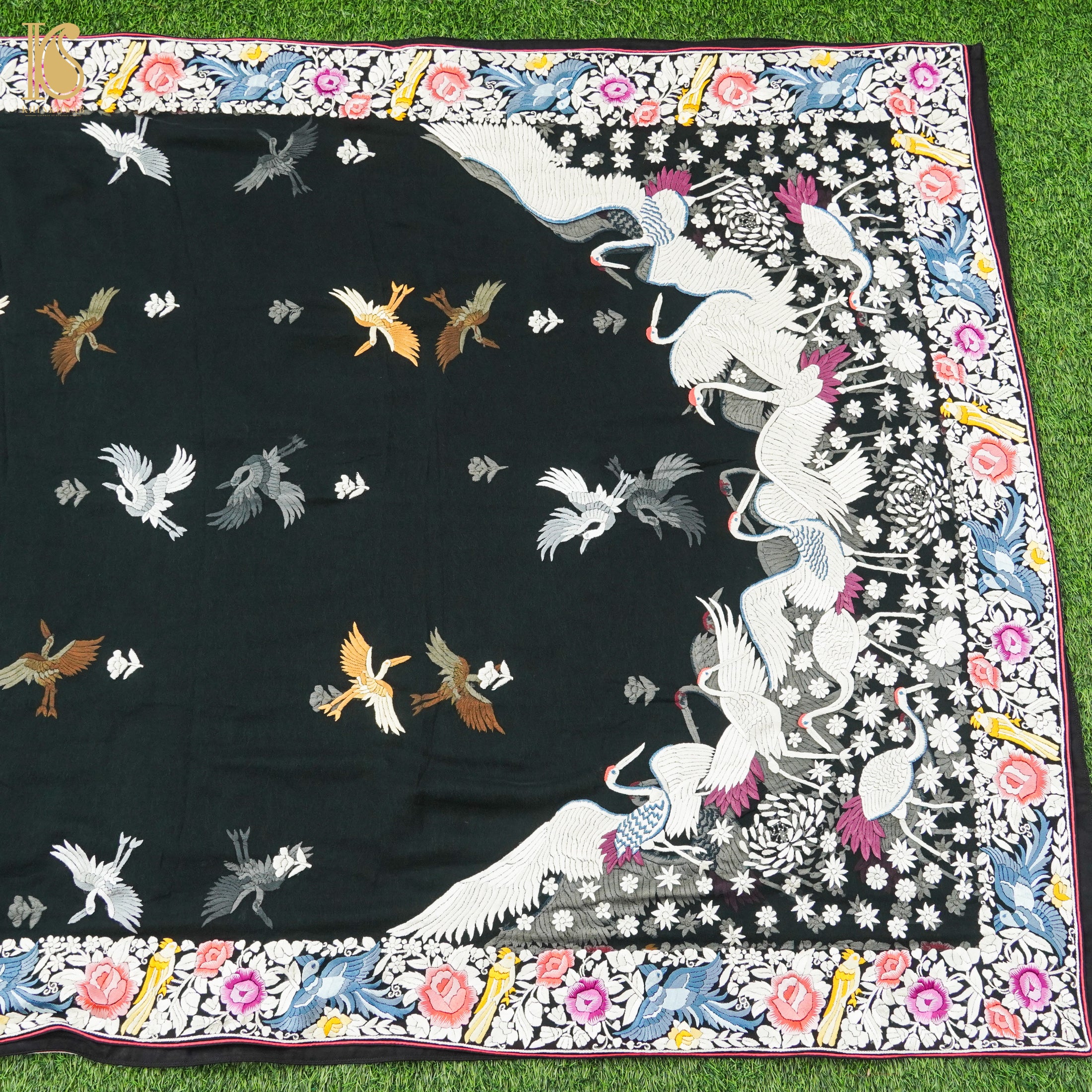 Black Handcrafted Parsi Gara Pure Georgette Swan Dupatta - Khinkhwab