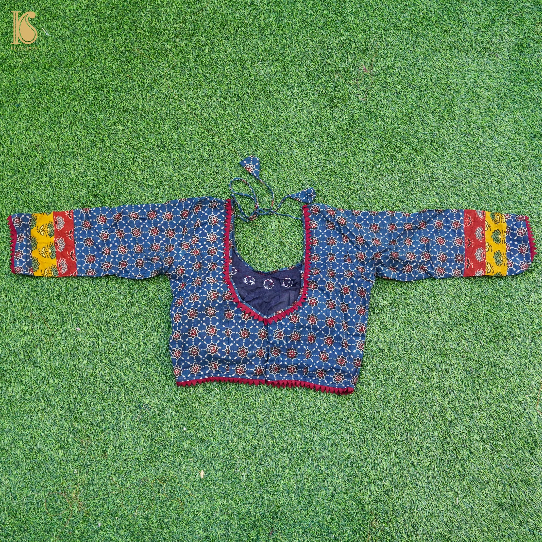 Blue Ajrakh & Mirror Pure Cotton Stitched Blouse - Khinkhwab