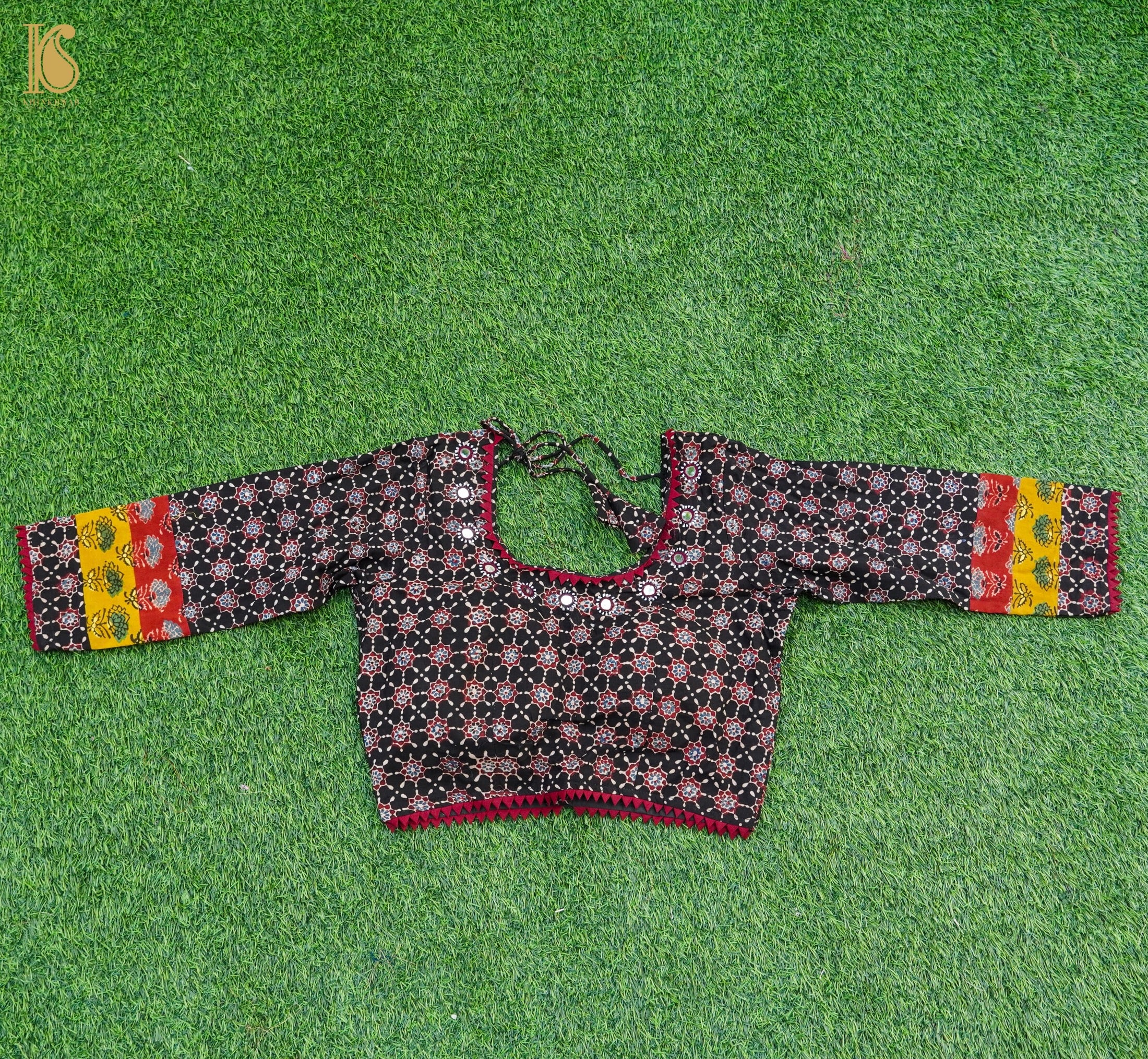 Black Ajrakh & Mirror Pure Cotton Stitched Blouse - Khinkhwab
