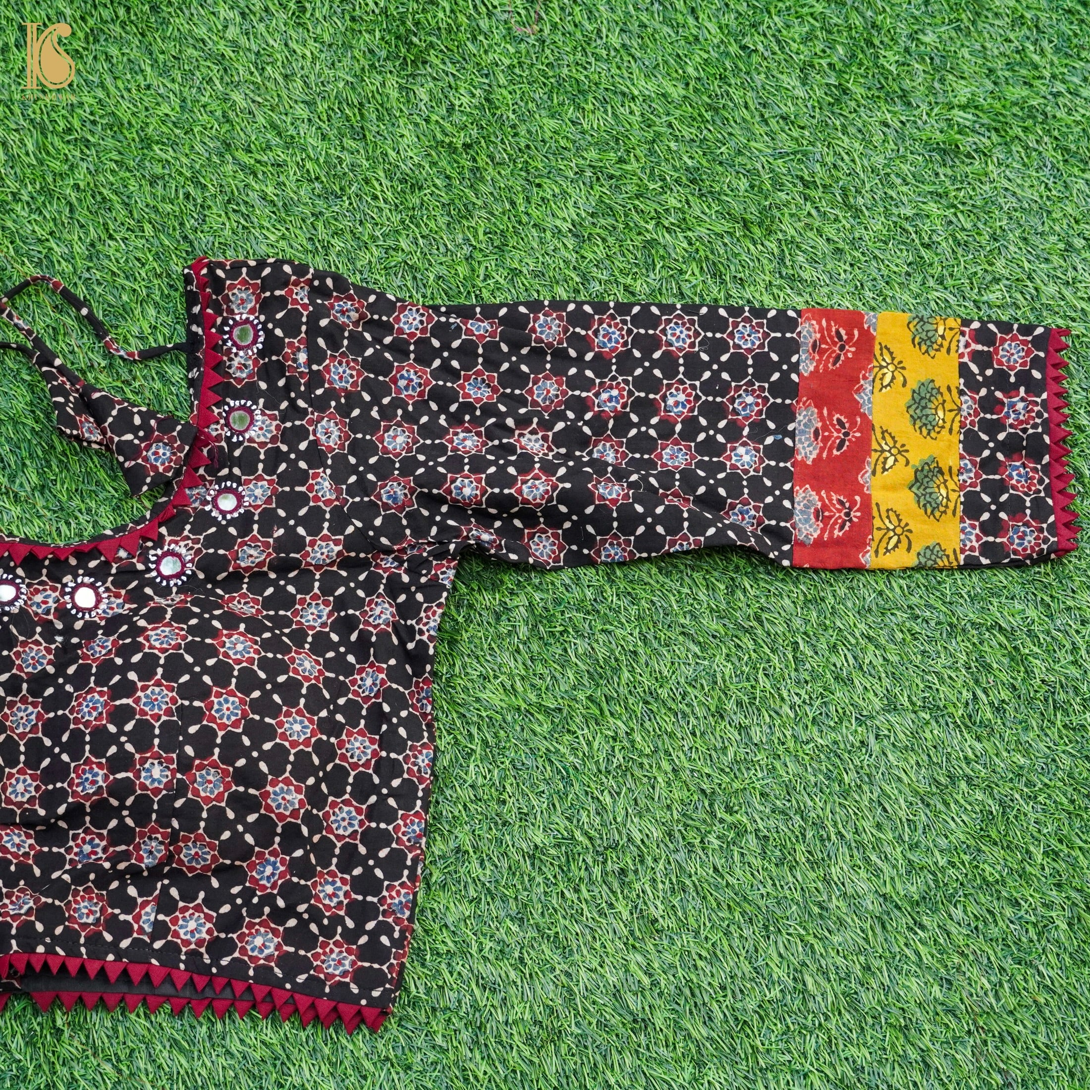 Black Ajrakh & Mirror Pure Cotton Stitched Blouse - Khinkhwab