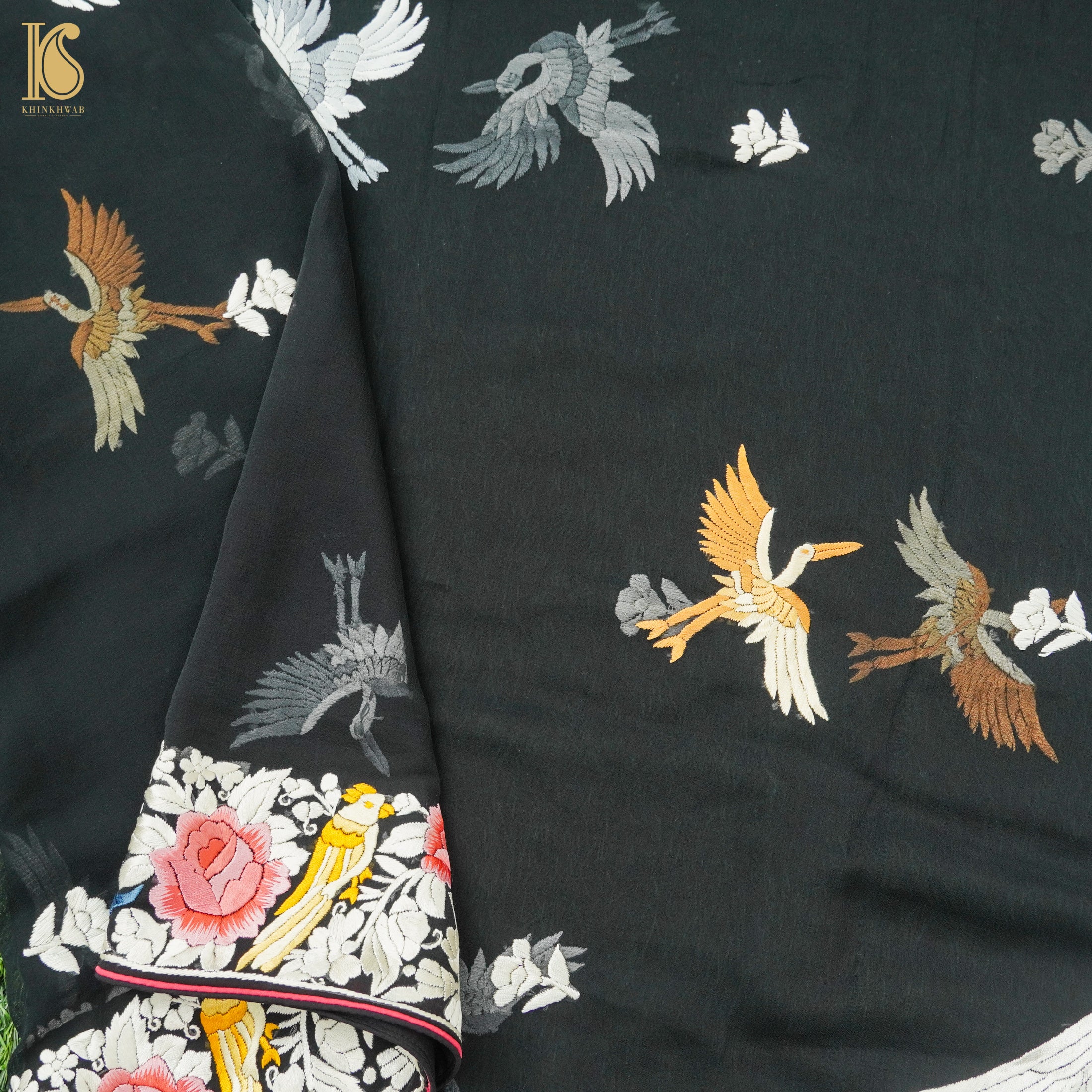 Black Handcrafted Parsi Gara Pure Georgette Swan Dupatta - Khinkhwab
